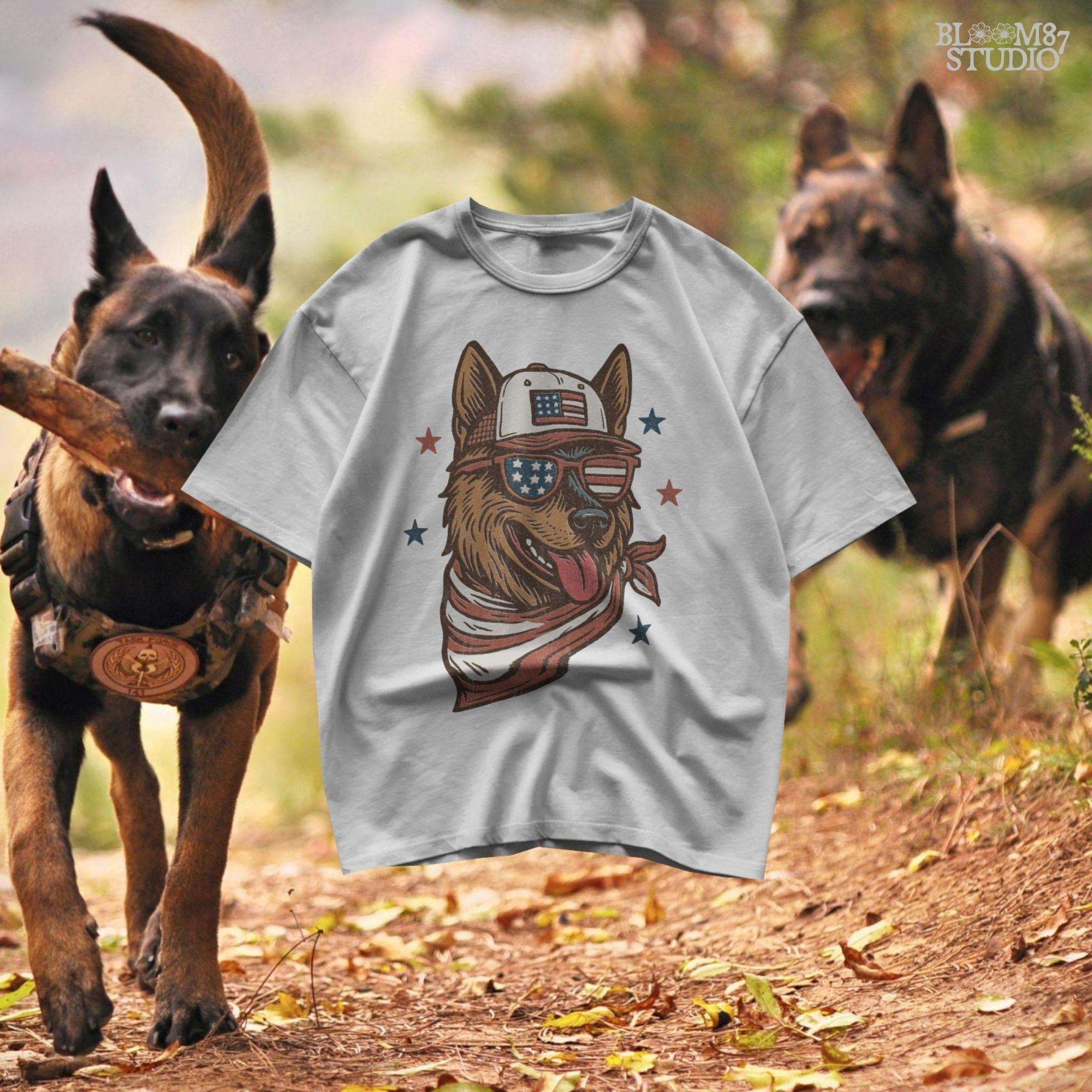 German Shepherd dog wearing patriotic USA flag hat, sunglasses, and bandana – 4th of July sublimation design for dog lovers and summer merch.