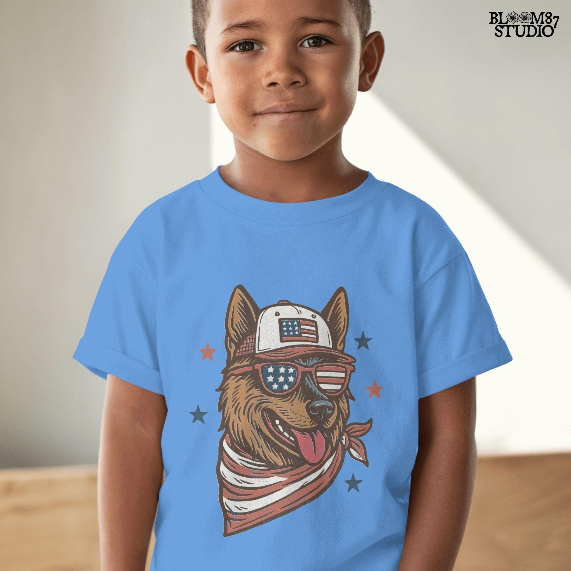 German Shepherd dog wearing patriotic USA flag hat, sunglasses, and bandana – 4th of July sublimation design for dog lovers and summer merch.