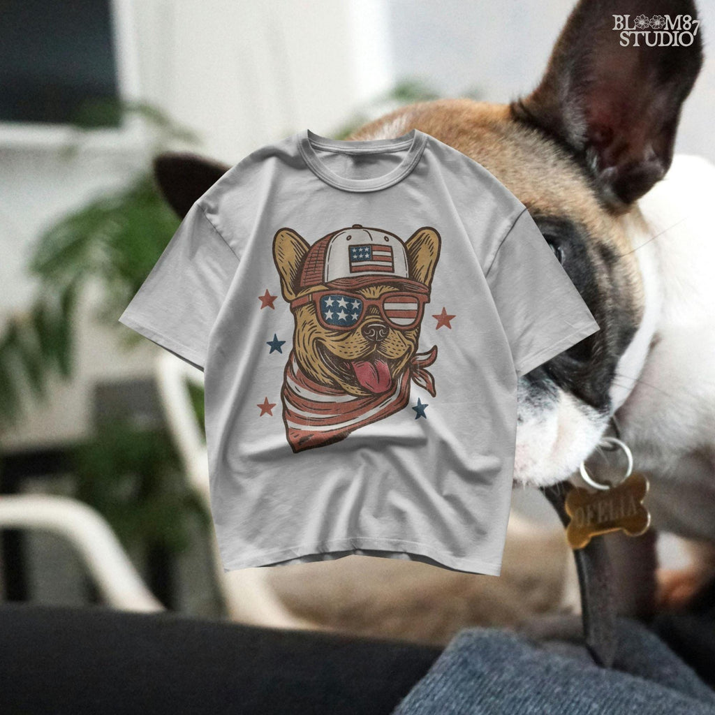 French Bulldog or Chihuahua wearing USA flag sunglasses, a patriotic trucker hat, and red-white-blue bandana – perfect 4th of July dog PNG for sublimation.