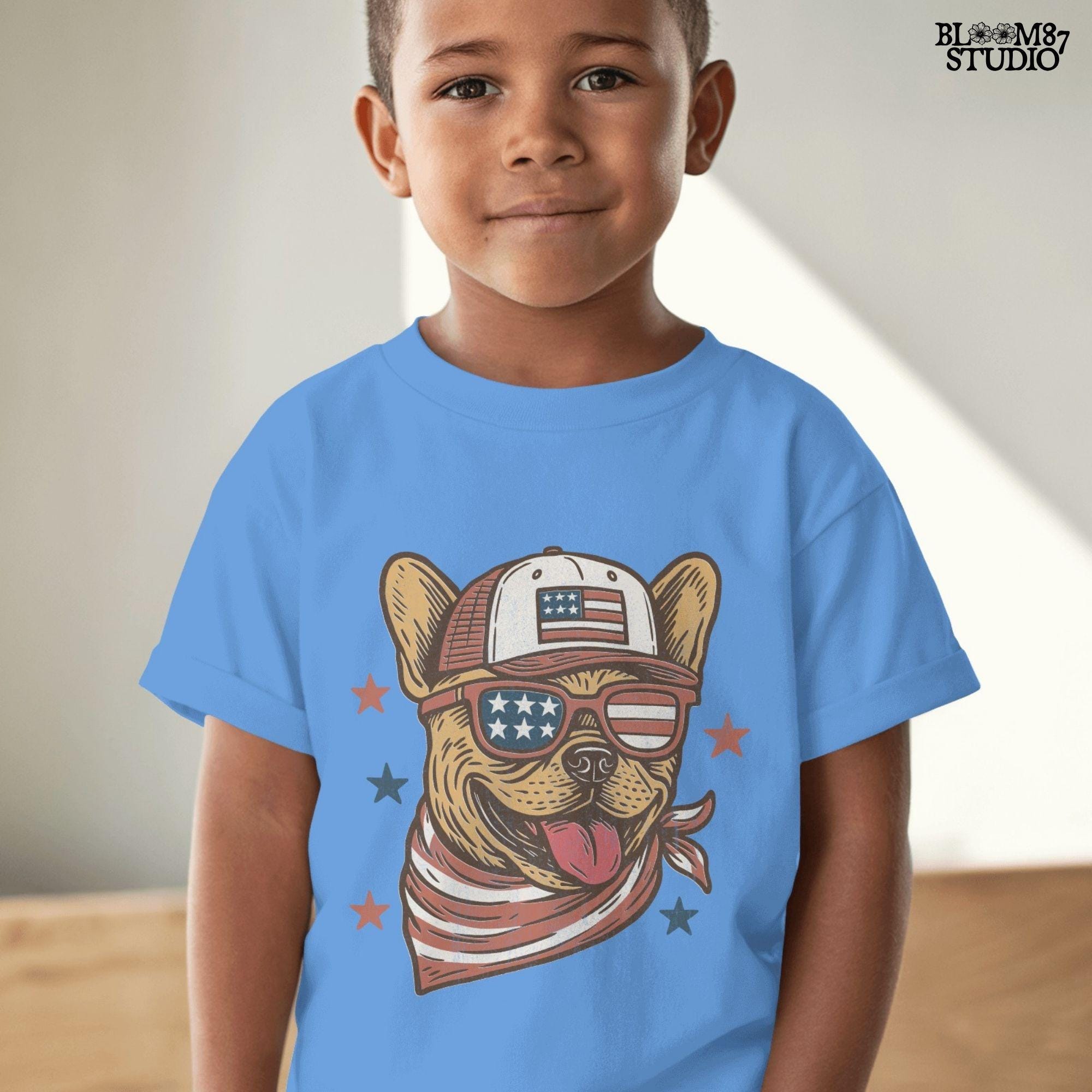 French Bulldog or Chihuahua wearing USA flag sunglasses, a patriotic trucker hat, and red-white-blue bandana – perfect 4th of July dog PNG for sublimation.