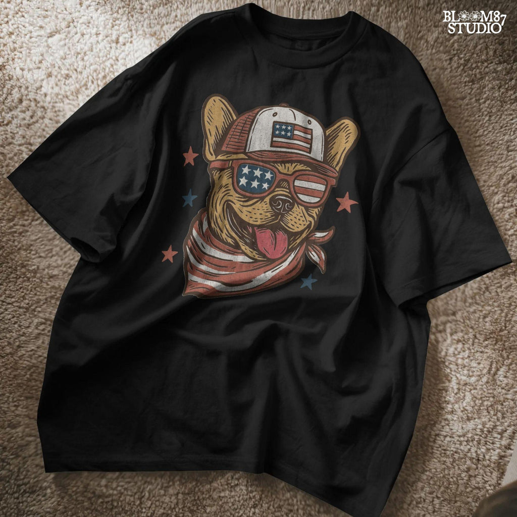 French Bulldog or Chihuahua wearing USA flag sunglasses, a patriotic trucker hat, and red-white-blue bandana – perfect 4th of July dog PNG for sublimation.