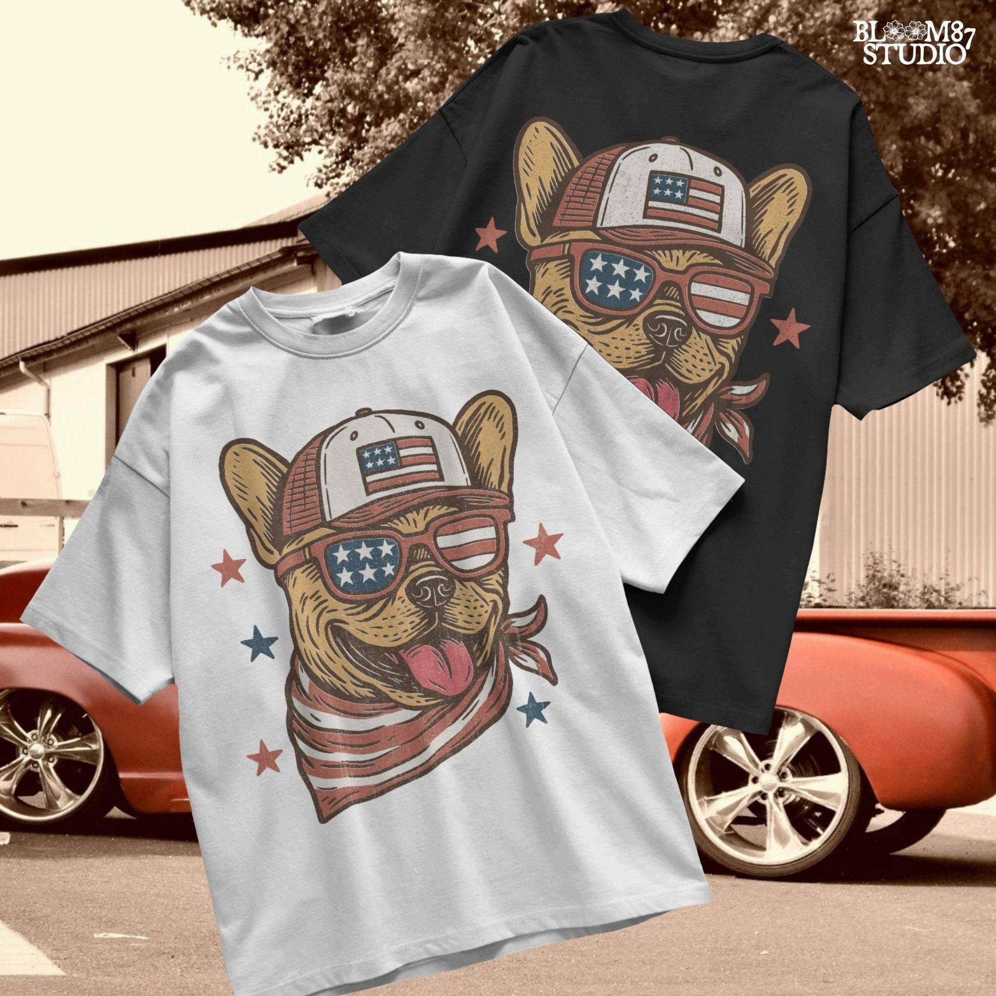 French Bulldog or Chihuahua wearing USA flag sunglasses, a patriotic trucker hat, and red-white-blue bandana – perfect 4th of July dog PNG for sublimation.