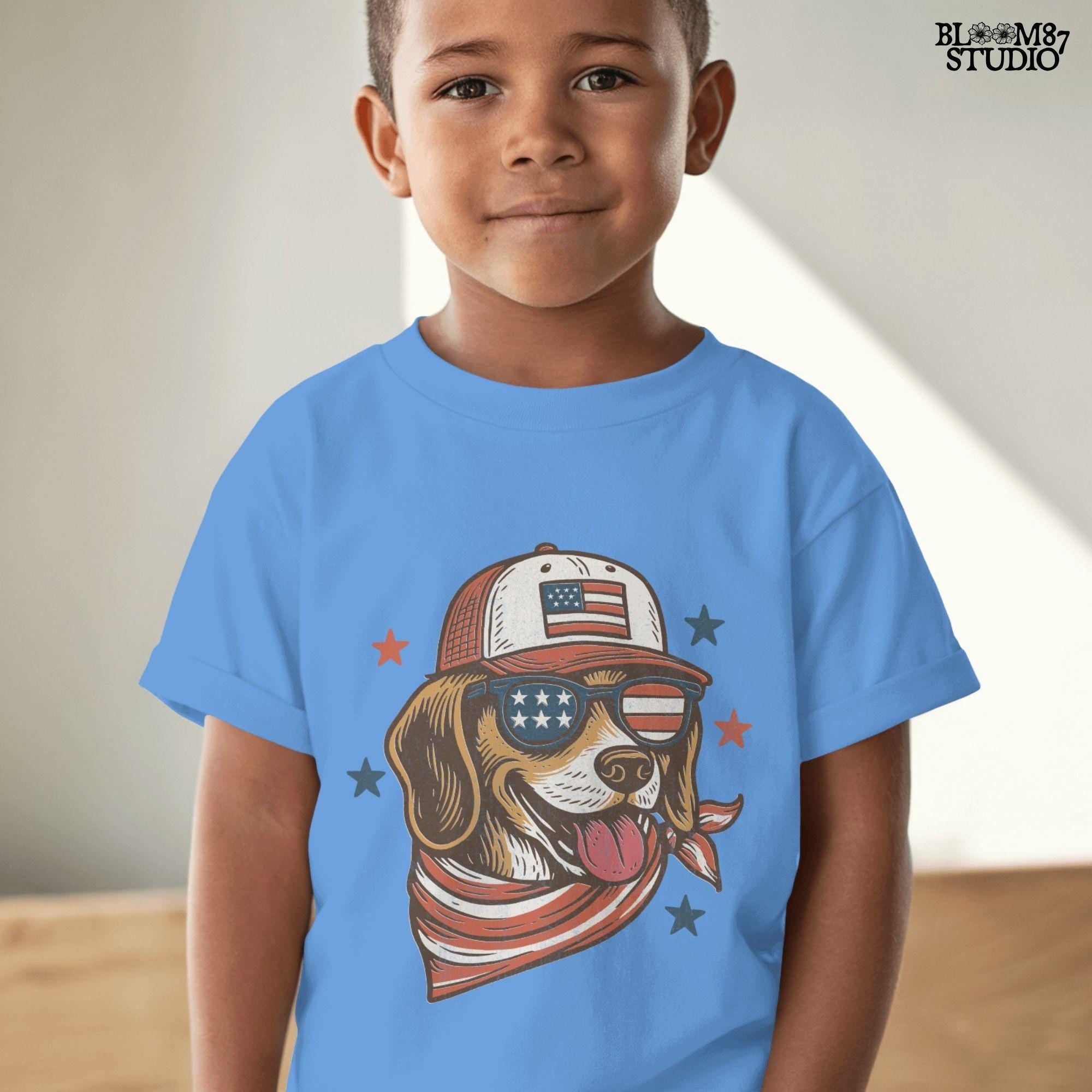 Beagle-style dog wearing American flag hat, sunglasses, and bandana – patriotic PNG for 4th of July shirts and dog-lover sublimation crafts.