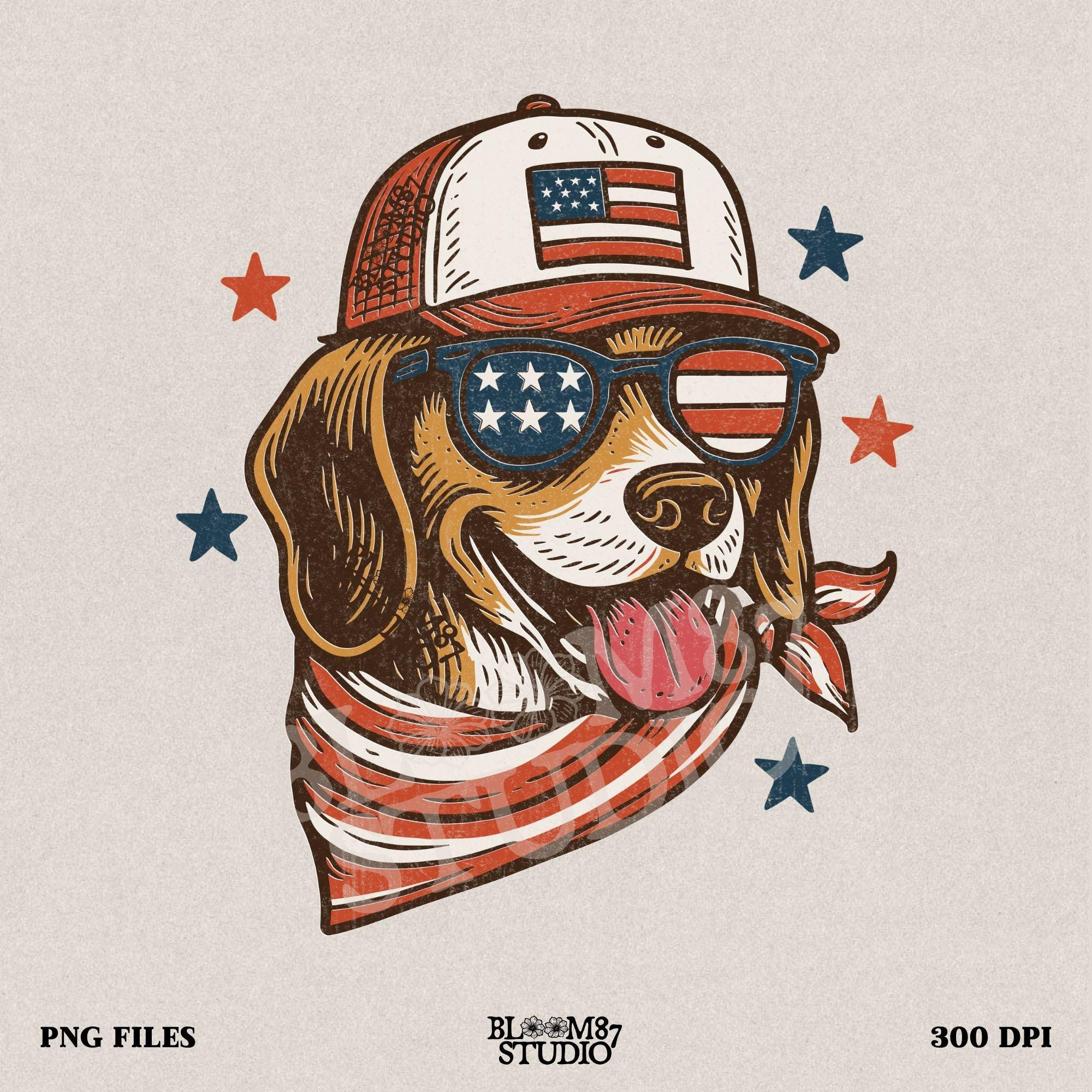 Beagle-style dog wearing American flag hat, sunglasses, and bandana – patriotic PNG for 4th of July shirts and dog-lover sublimation crafts.