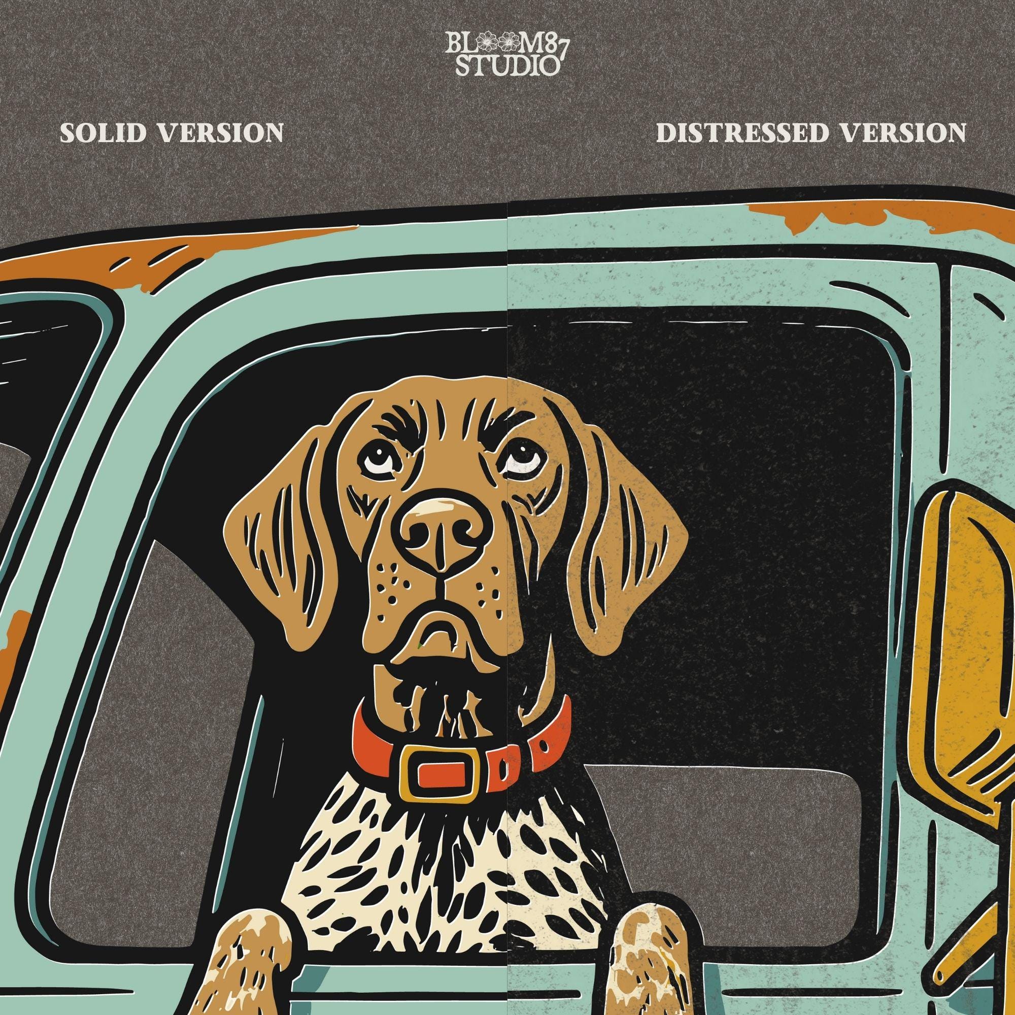 Vintage-style German Shorthaired Pointer with front paws out an old farm truck window – rustic hunting dog sublimation PNG.