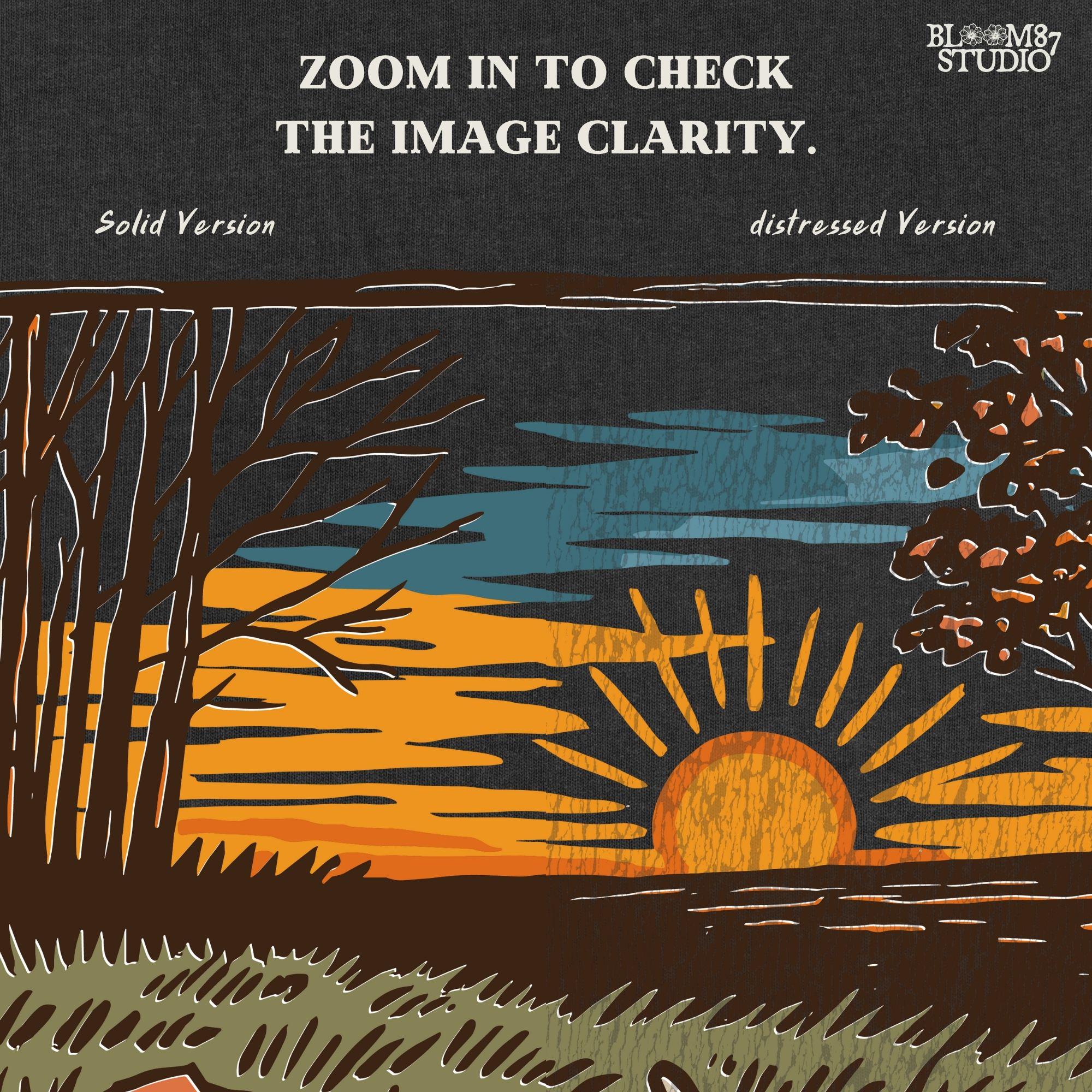 A rustic illustration of a whitetail antler lying in a fall field with orange leaves and a vibrant sunset sky in the background, PNG format for sublimation.