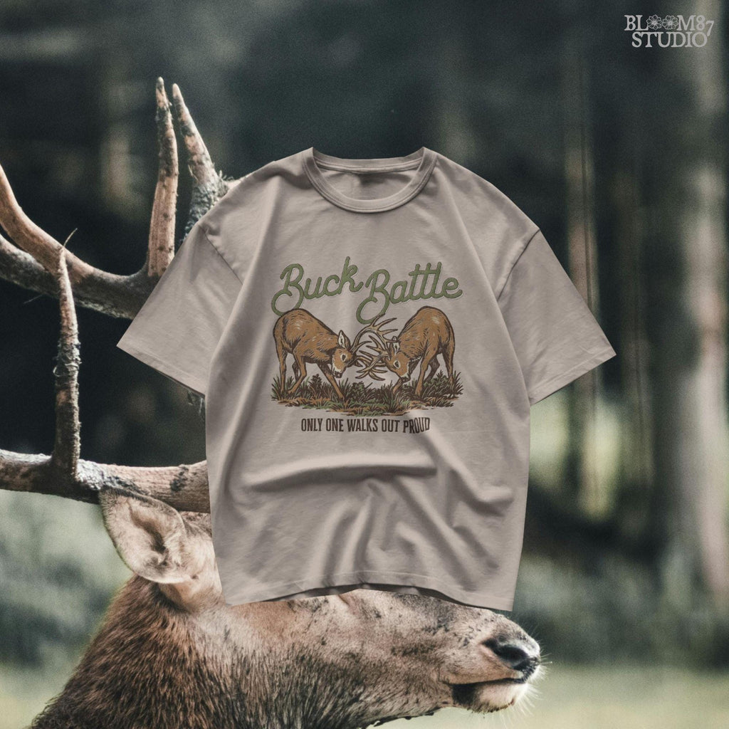 Two whitetail bucks in a fierce rut season battle, locking antlers over the phrase “Only One Walks Out Proud” — hunting-themed PNG graphic.