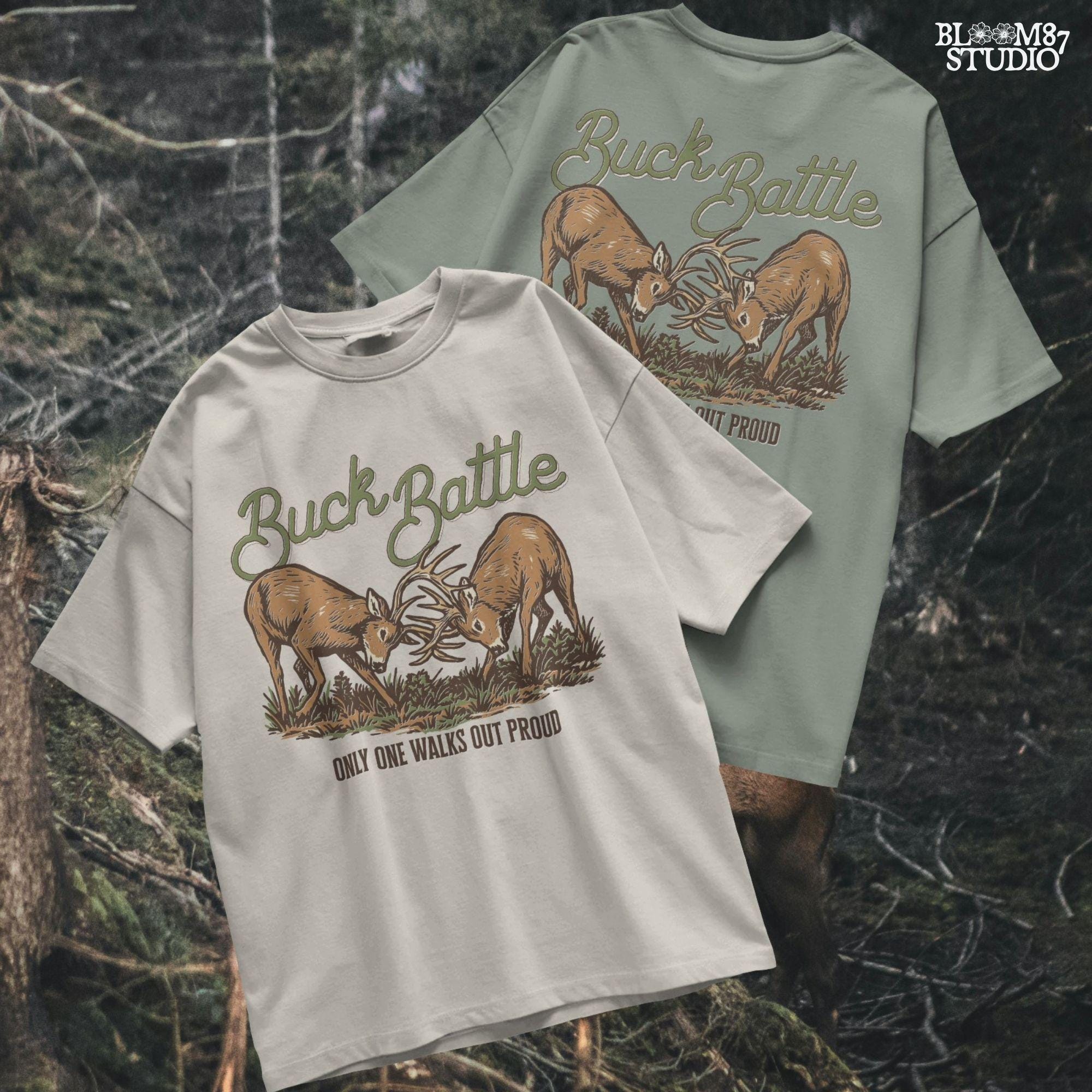 Two whitetail bucks in a fierce rut season battle, locking antlers over the phrase “Only One Walks Out Proud” — hunting-themed PNG graphic.