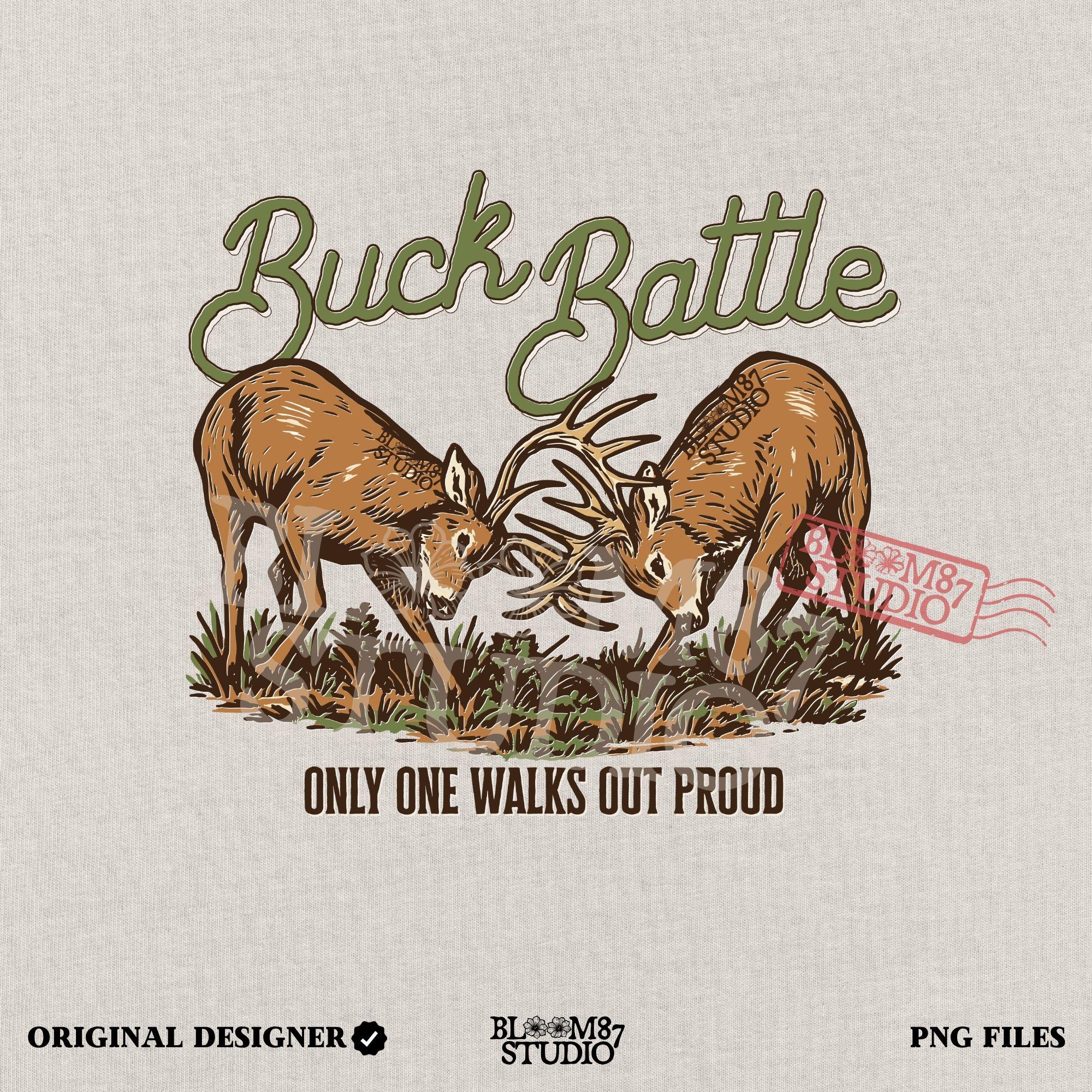 Two whitetail bucks in a fierce rut season battle, locking antlers over the phrase “Only One Walks Out Proud” — hunting-themed PNG graphic.