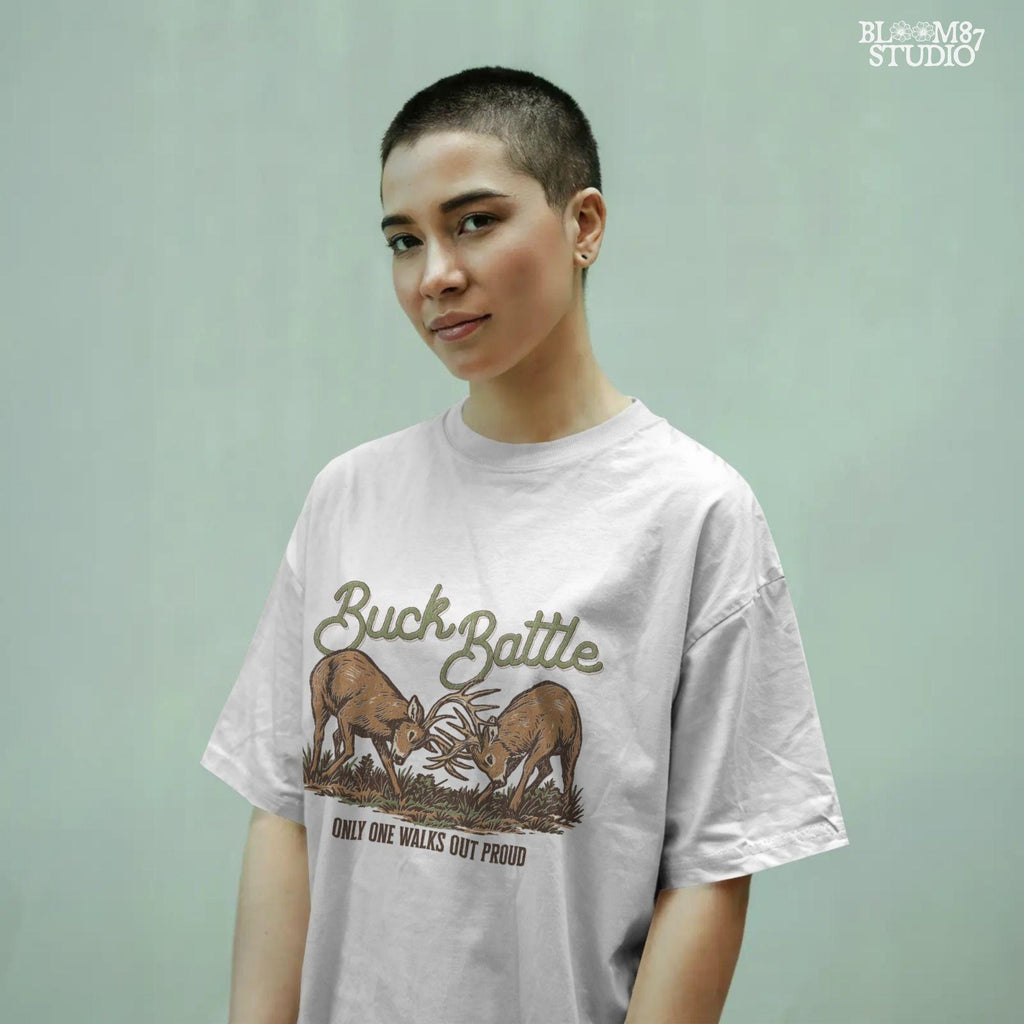 Two whitetail bucks in a fierce rut season battle, locking antlers over the phrase “Only One Walks Out Proud” — hunting-themed PNG graphic.