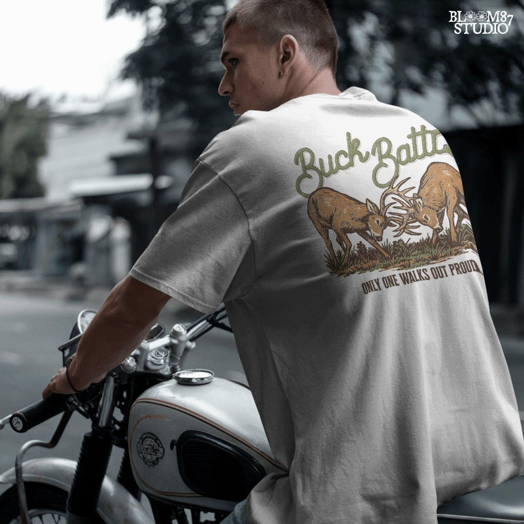 Two whitetail bucks in a fierce rut season battle, locking antlers over the phrase “Only One Walks Out Proud” — hunting-themed PNG graphic.