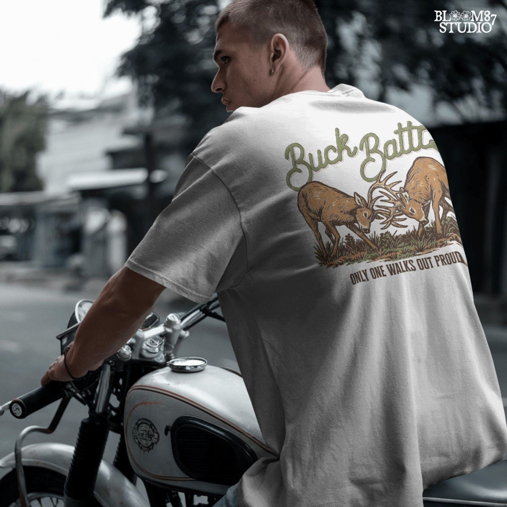 Two whitetail bucks in a fierce rut season battle, locking antlers over the phrase “Only One Walks Out Proud” — hunting-themed PNG graphic.