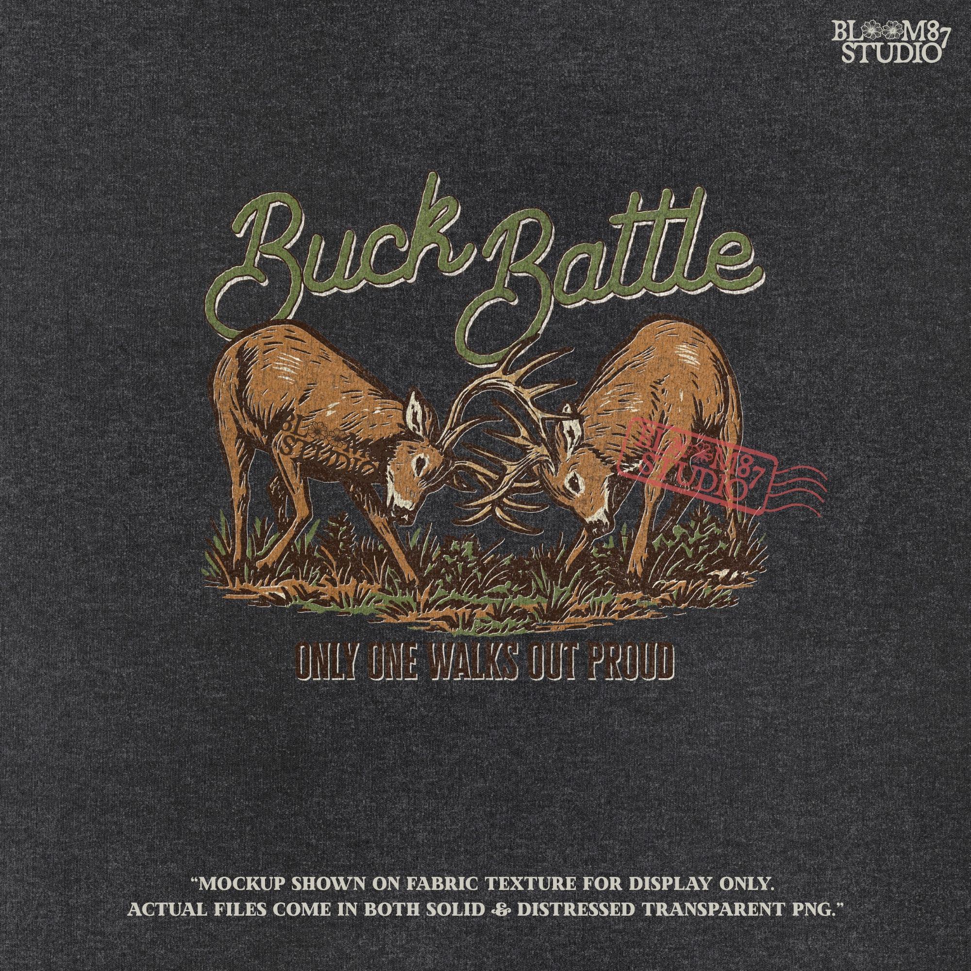 Two whitetail bucks in a fierce rut season battle, locking antlers over the phrase “Only One Walks Out Proud” — hunting-themed PNG graphic.