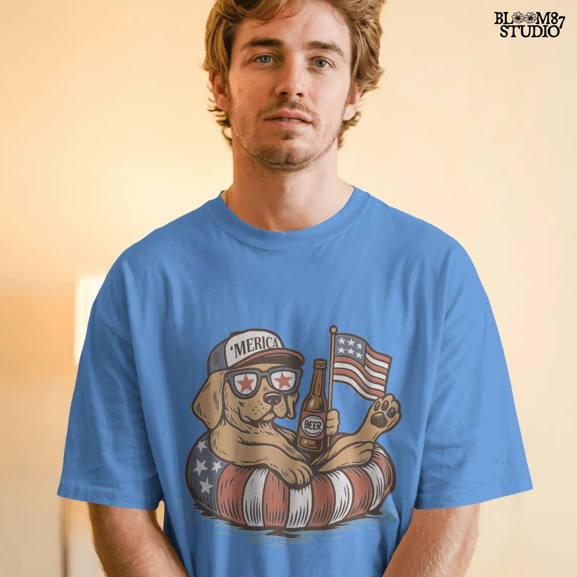 Labrador-style dog lounging on red-white-blue floaty, holding a beer and American flag, wearing patriotic hat and sunglasses – sublimation PNG for 4th of July.