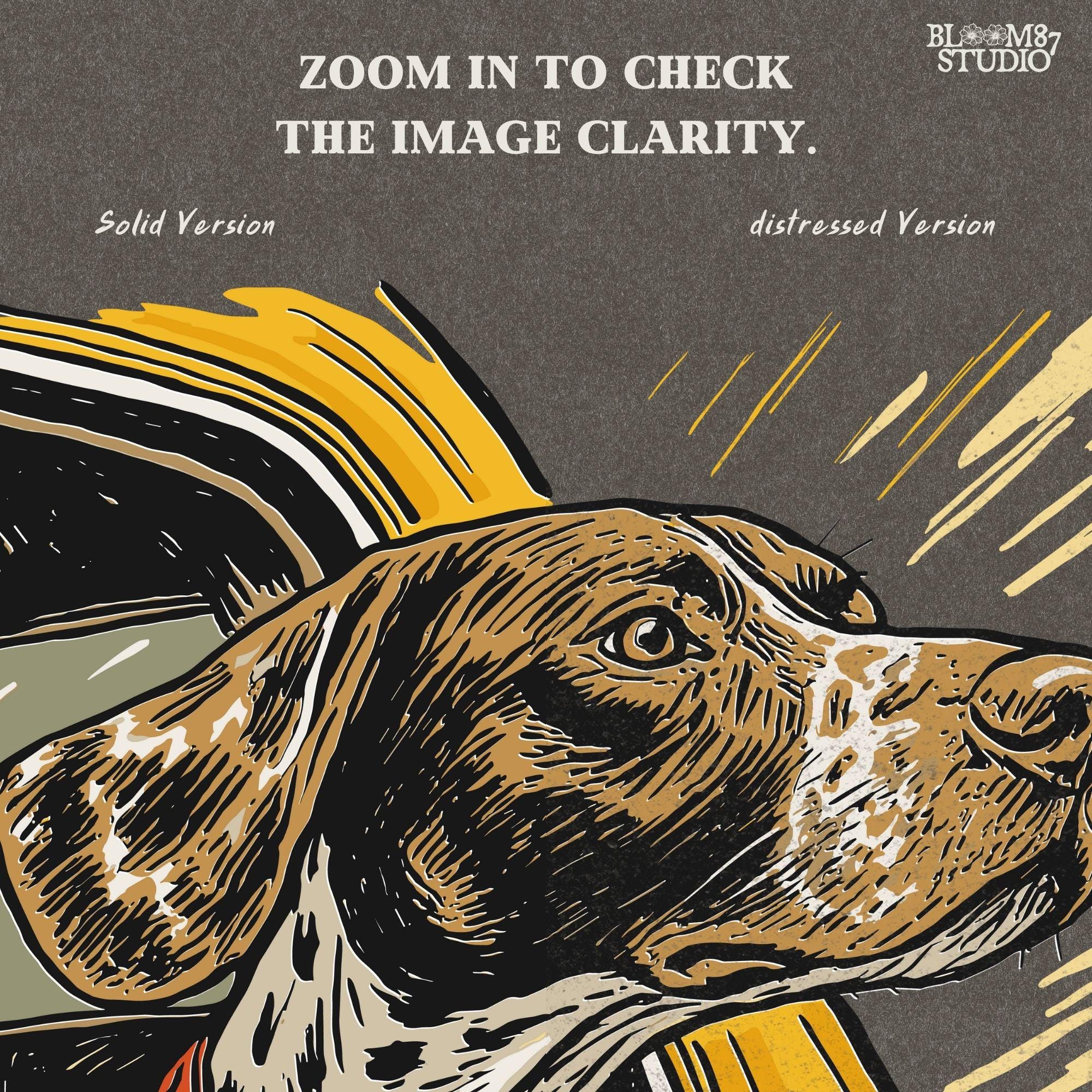 German Shorthaired Pointer with head out yellow truck window – rustic hunting dog PNG for sublimation shirts and outdoor-themed crafts.