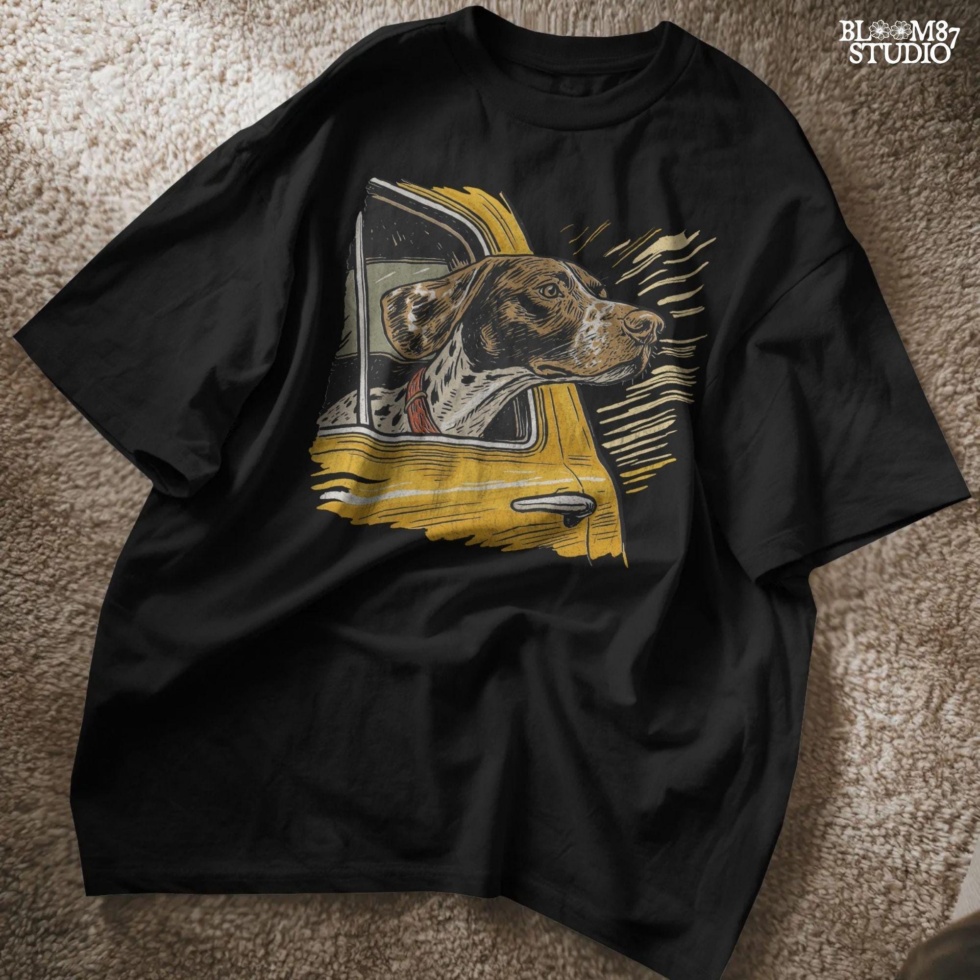 German Shorthaired Pointer with head out yellow truck window – rustic hunting dog PNG for sublimation shirts and outdoor-themed crafts.