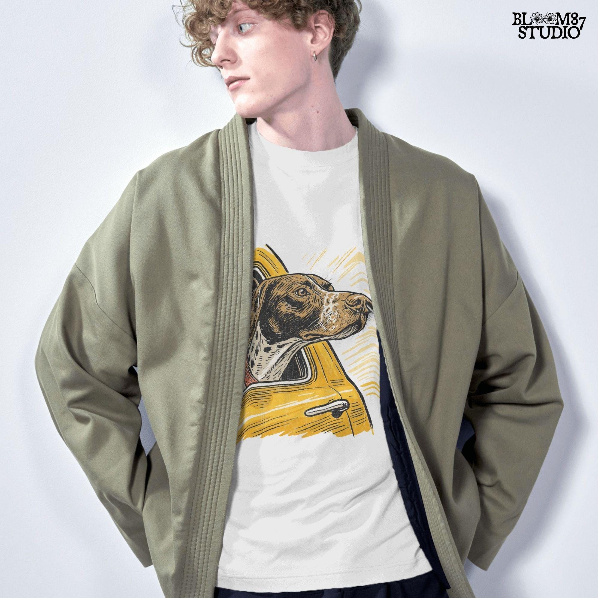 German Shorthaired Pointer with head out yellow truck window – rustic hunting dog PNG for sublimation shirts and outdoor-themed crafts.