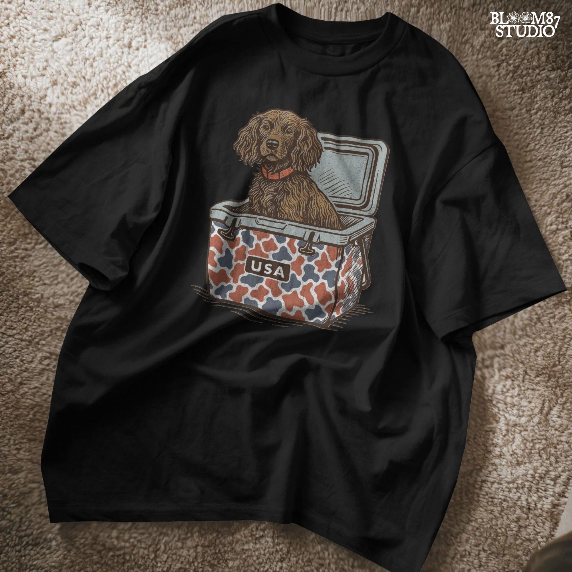 Sporting dog (spaniel type) sitting in a patriotic red-white-blue camo cooler labeled “USA” – sublimation PNG for southern dog lovers and summer crafts.