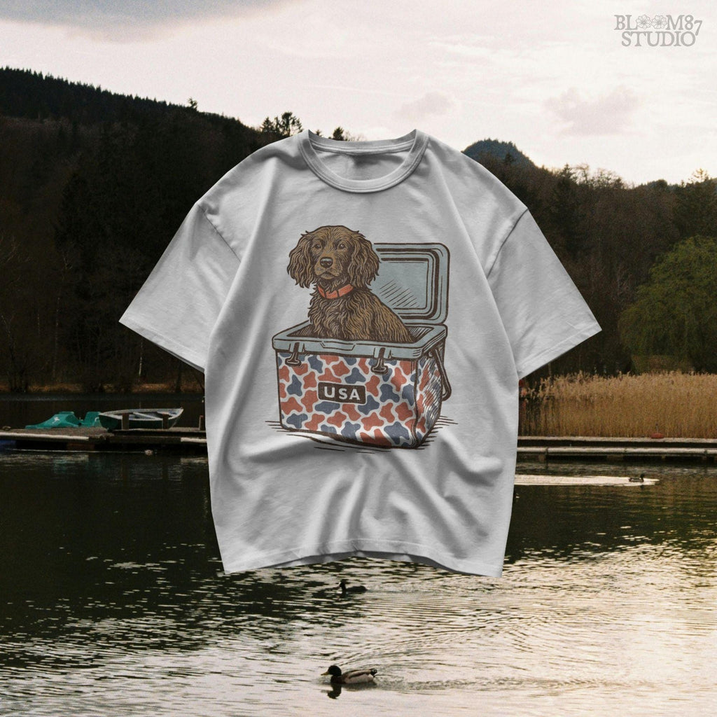 Sporting dog (spaniel type) sitting in a patriotic red-white-blue camo cooler labeled “USA” – sublimation PNG for southern dog lovers and summer crafts.