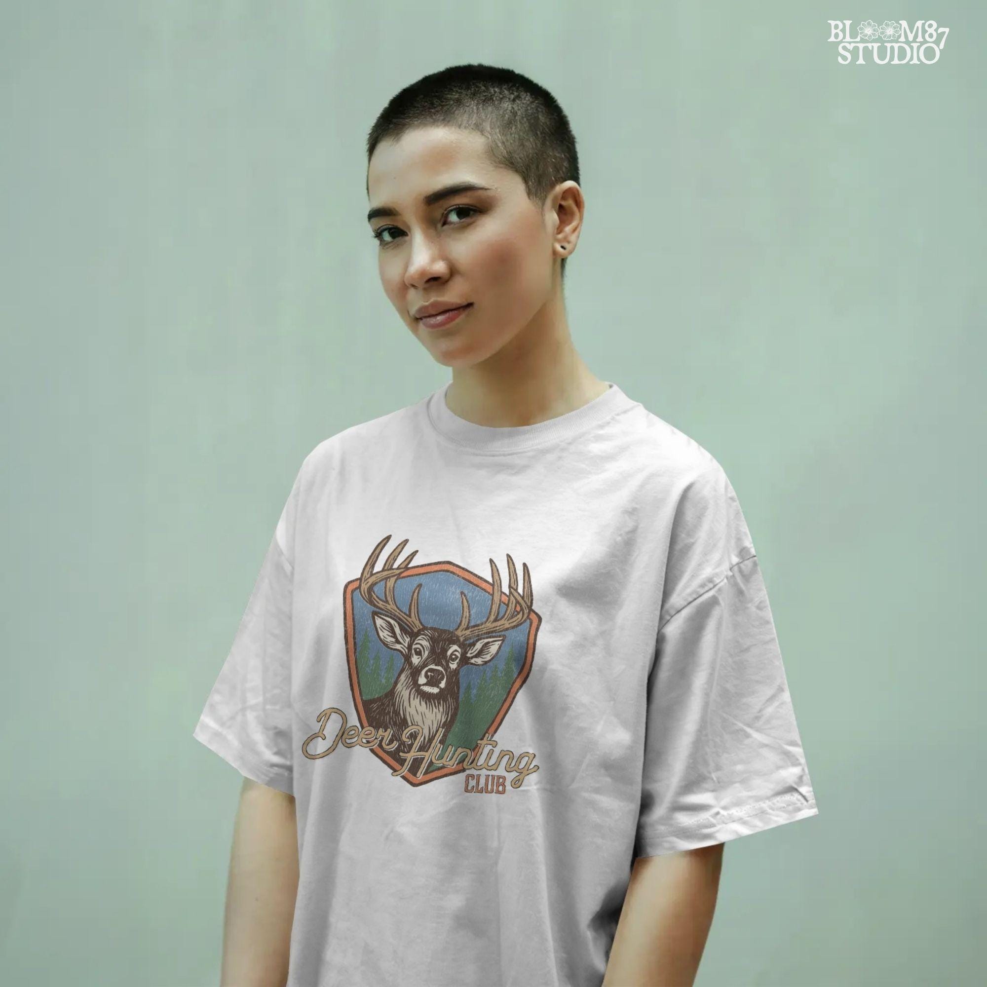 A rustic “Deer Hunting Club” badge with a bold whitetail buck and forest background, styled as a vintage hunting patch.