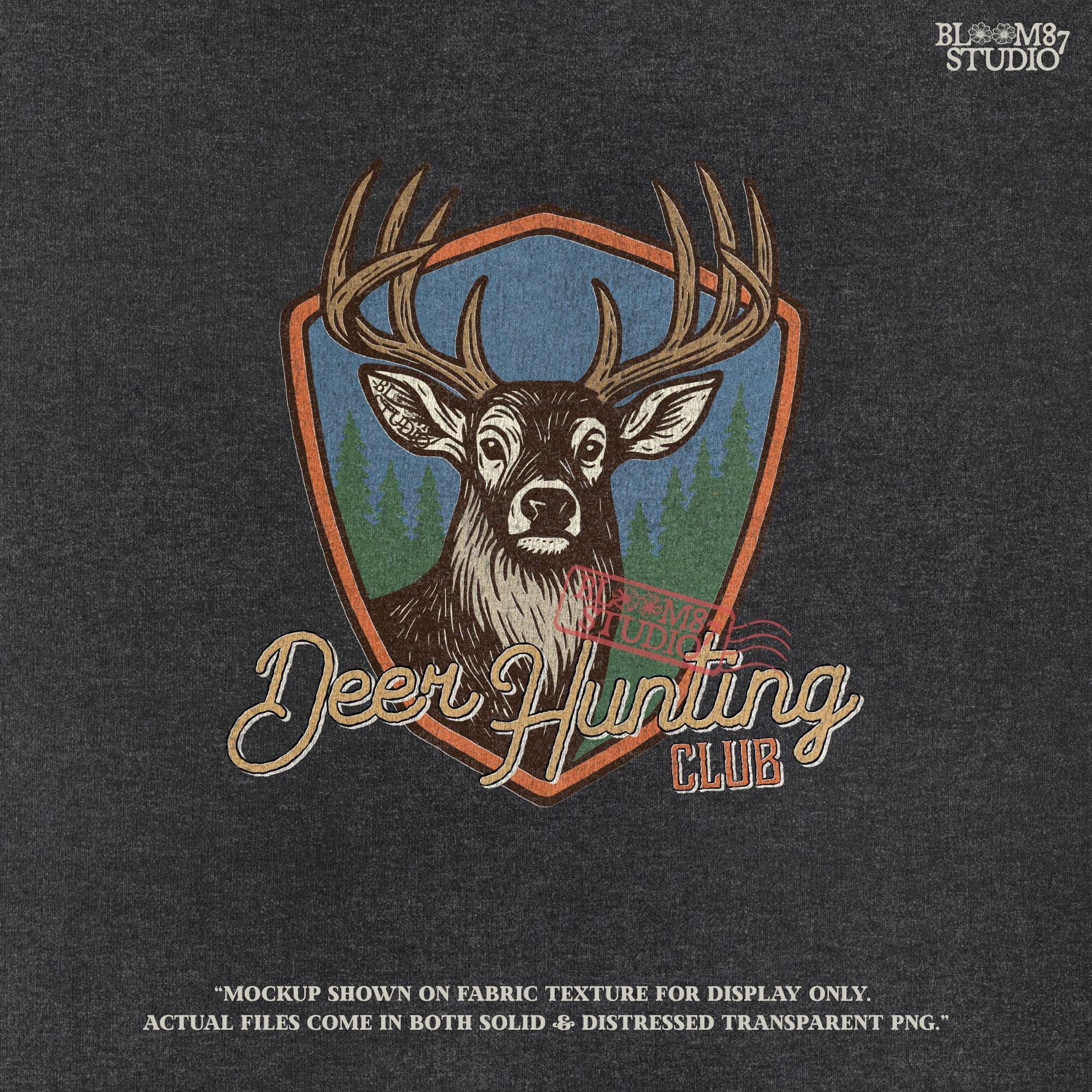 A rustic “Deer Hunting Club” badge with a bold whitetail buck and forest background, styled as a vintage hunting patch.