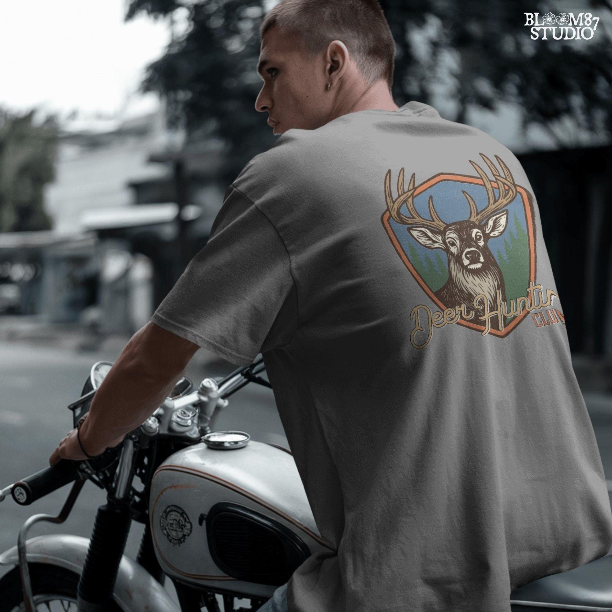 A rustic “Deer Hunting Club” badge with a bold whitetail buck and forest background, styled as a vintage hunting patch.