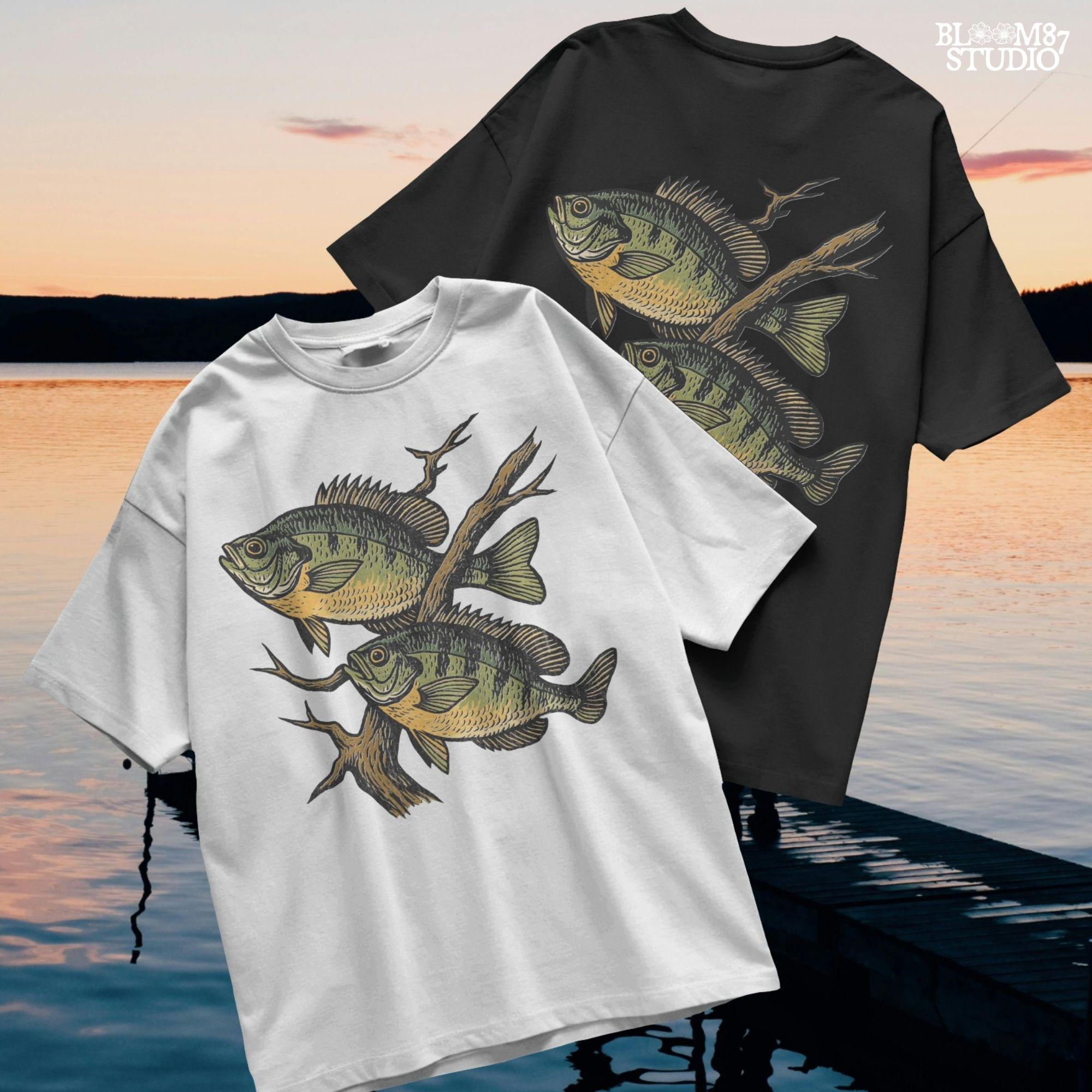 Two vintage-style bluegill fish swimming with underwater branches – realistic rustic PNG for sublimation shirts, signs, and fishing gifts.