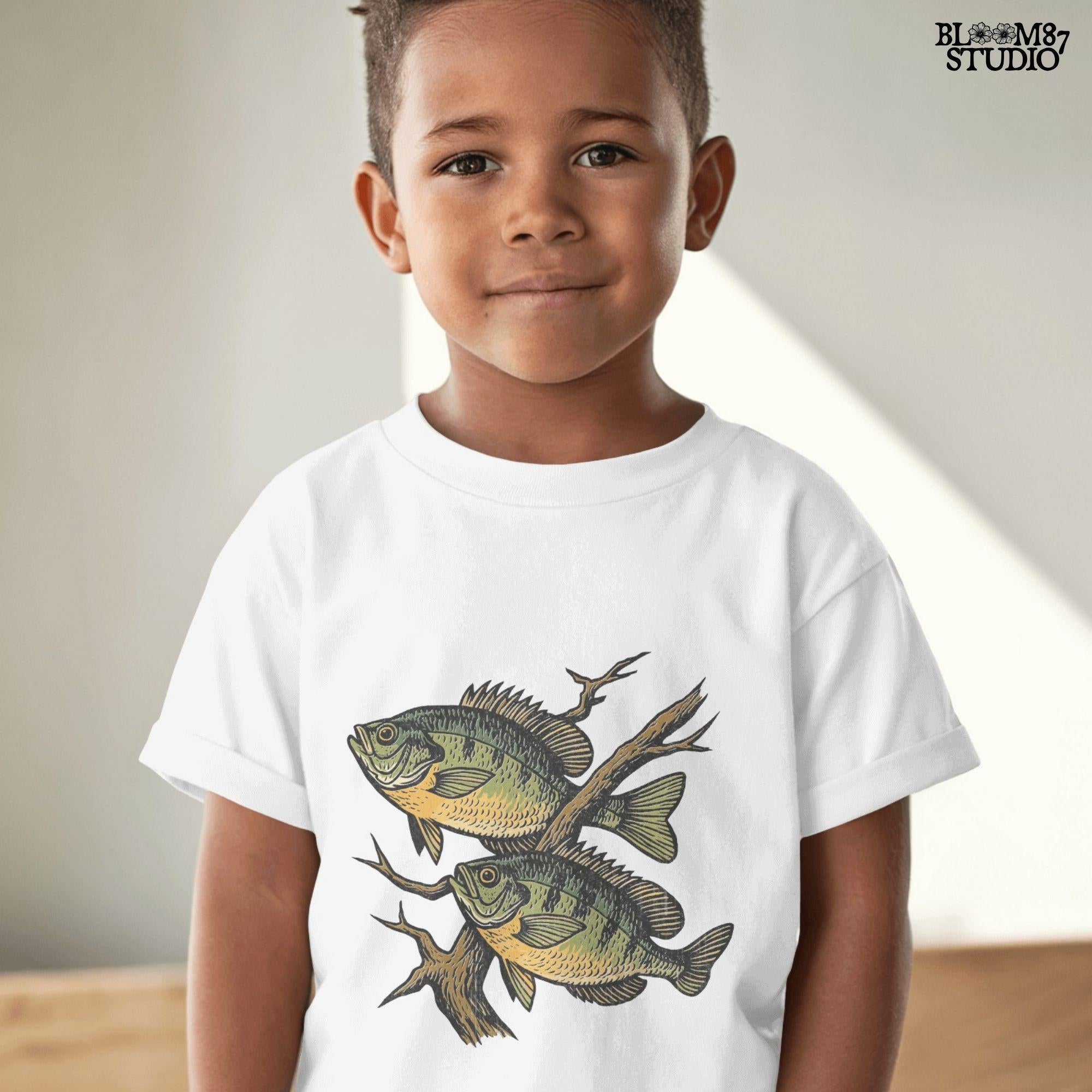 Two vintage-style bluegill fish swimming with underwater branches – realistic rustic PNG for sublimation shirts, signs, and fishing gifts.