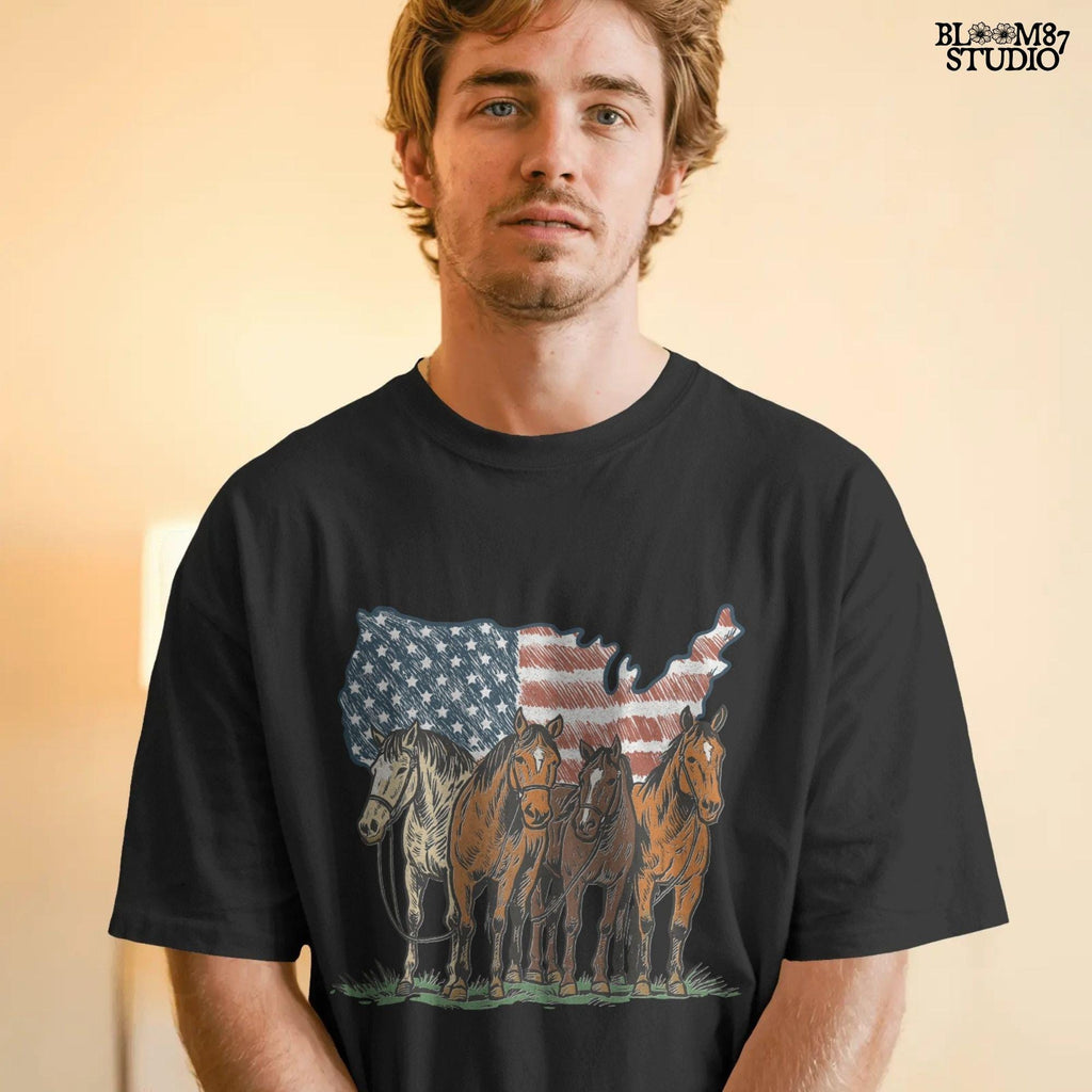 Illustration of five horses standing in front of a USA-shaped American flag background, in a rustic patriotic western style
