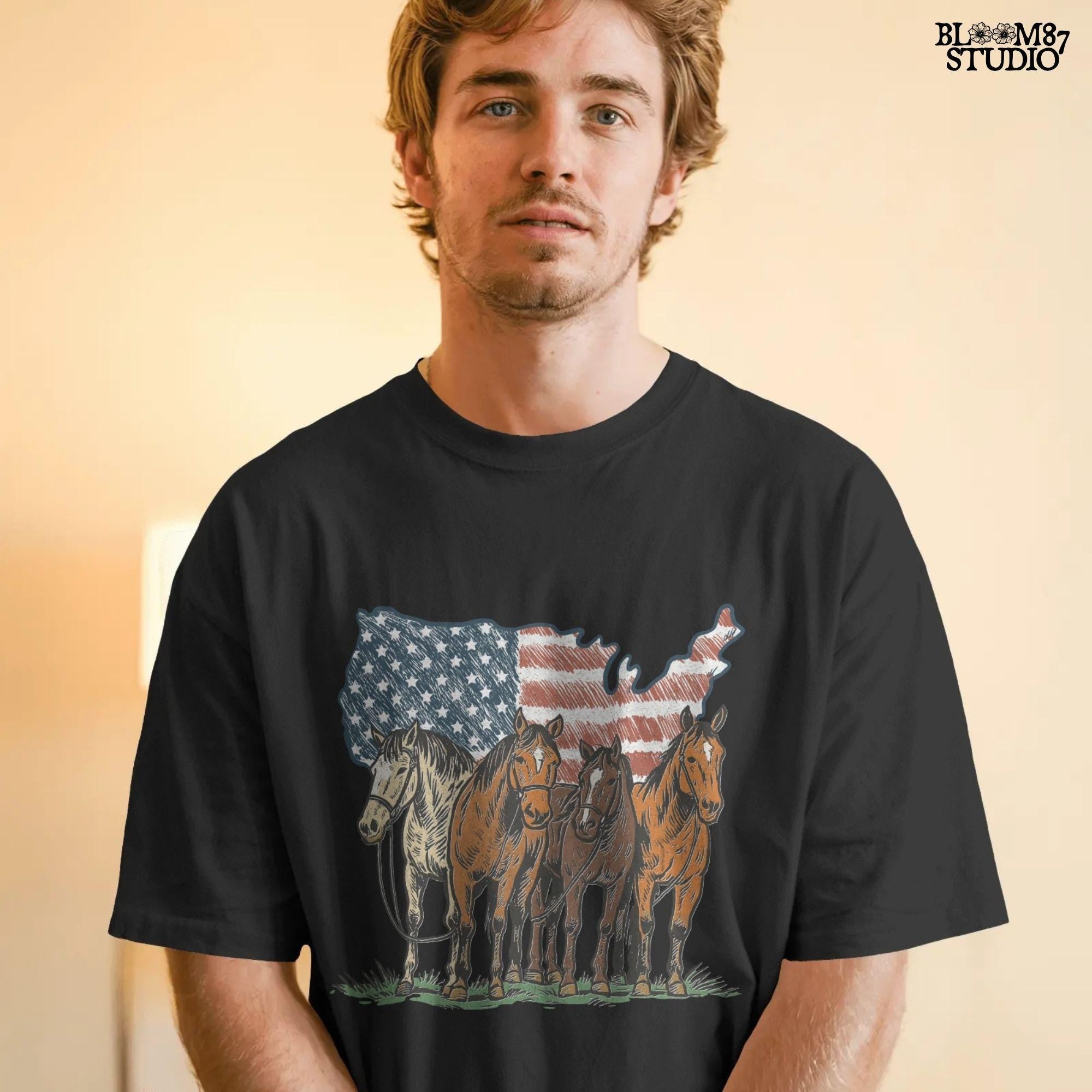 Illustration of five horses standing in front of a USA-shaped American flag background, in a rustic patriotic western style