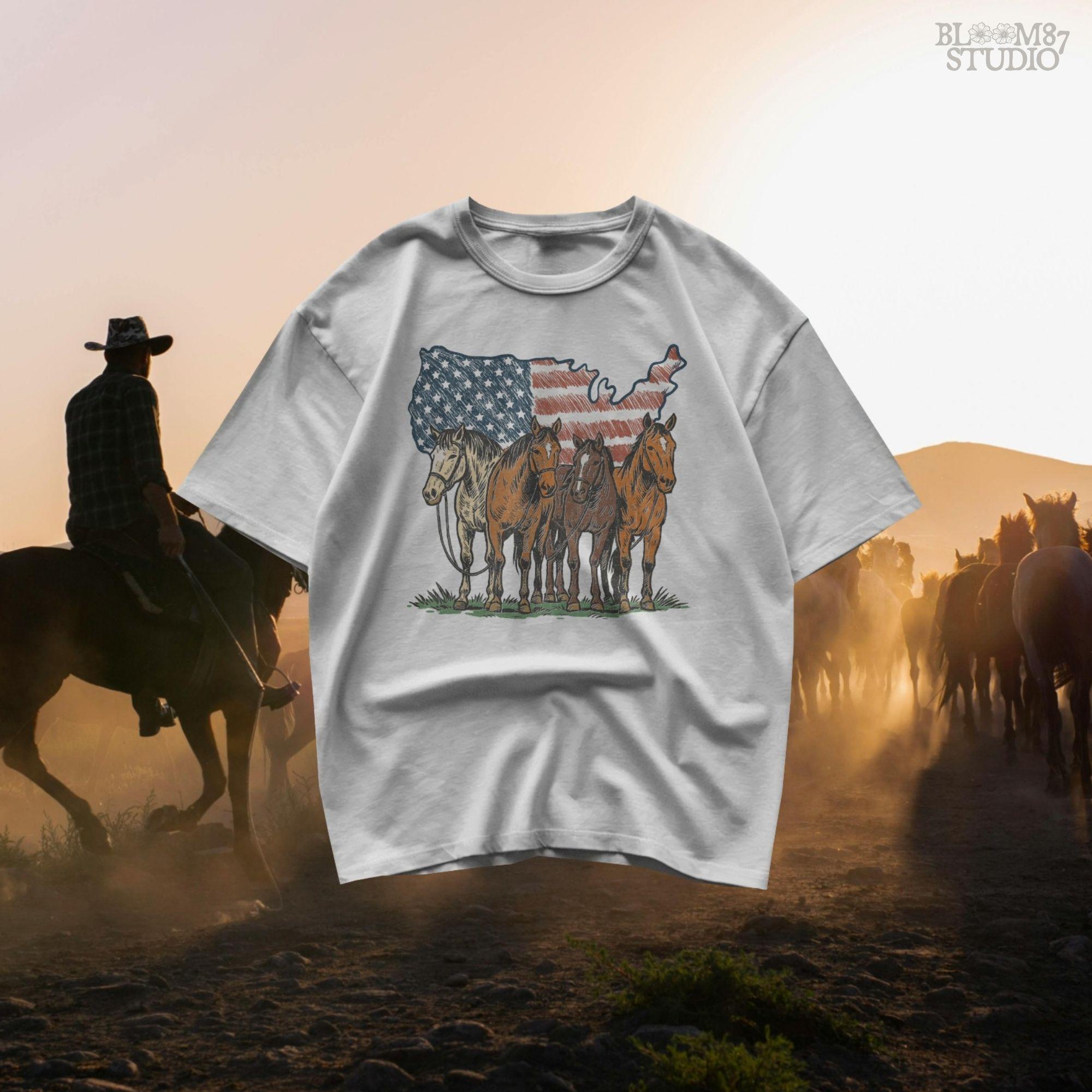 Illustration of five horses standing in front of a USA-shaped American flag background, in a rustic patriotic western style