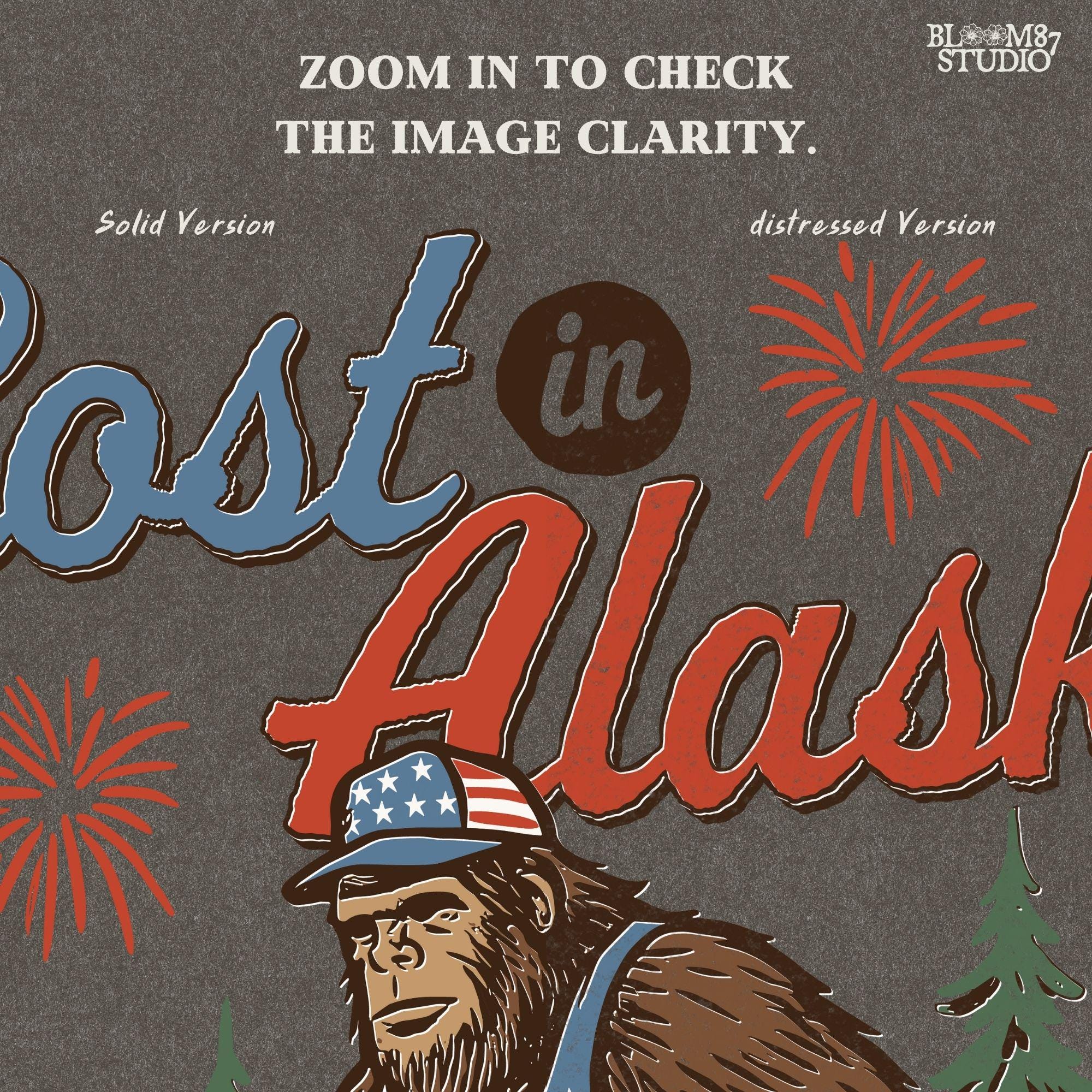 Bigfoot wearing an American flag outfit and cap, walking through forest with fireworks in background, holding a six-pack of beer with “Lost in Alaska” text