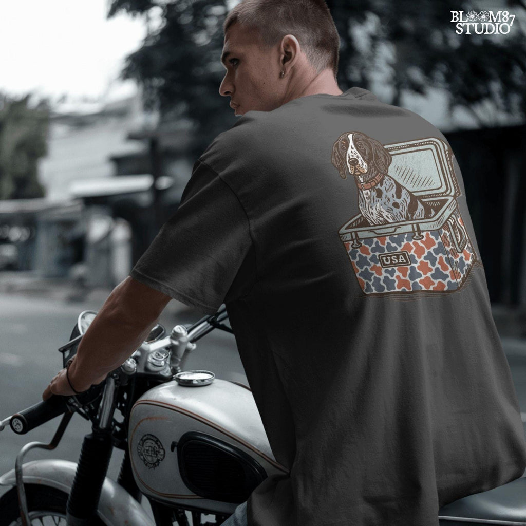 Blue Tick Coonhound dog sitting in a patriotic camo USA cooler, digital PNG artwork for sublimation and hunting-themed designs