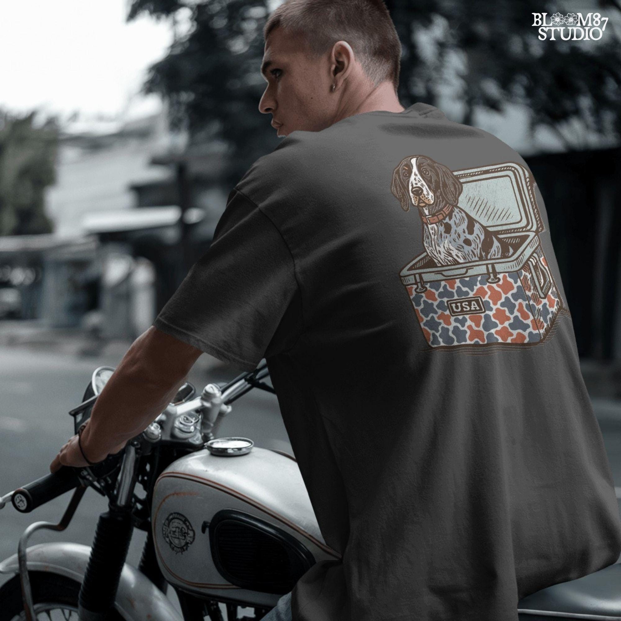 Blue Tick Coonhound dog sitting in a patriotic camo USA cooler, digital PNG artwork for sublimation and hunting-themed designs