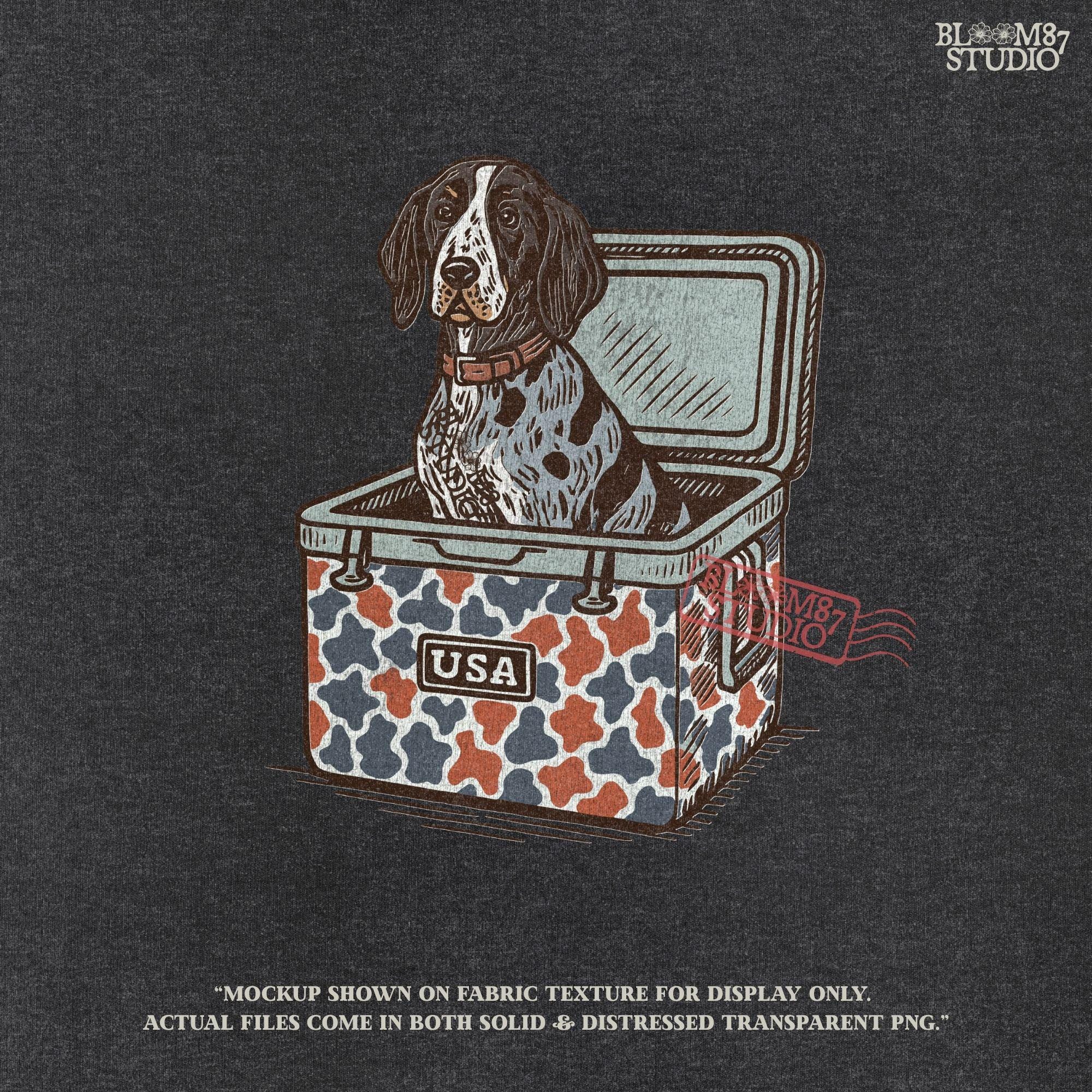 Blue Tick Coonhound dog sitting in a patriotic camo USA cooler, digital PNG artwork for sublimation and hunting-themed designs