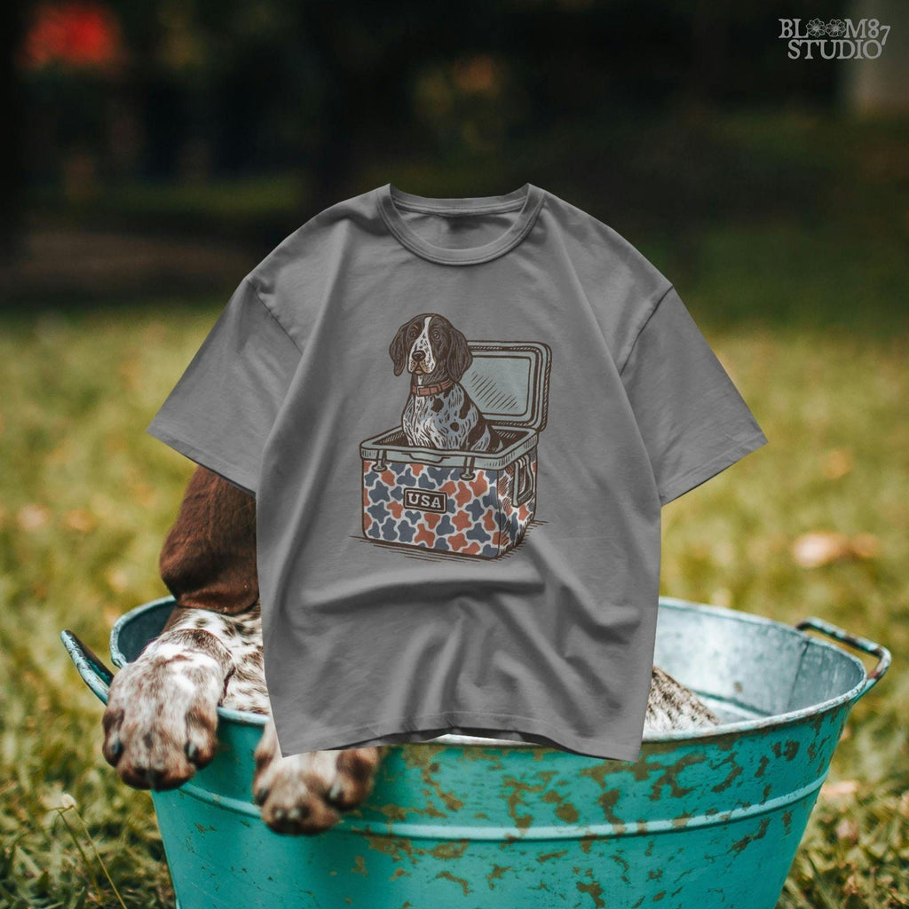 Blue Tick Coonhound dog sitting in a patriotic camo USA cooler, digital PNG artwork for sublimation and hunting-themed designs