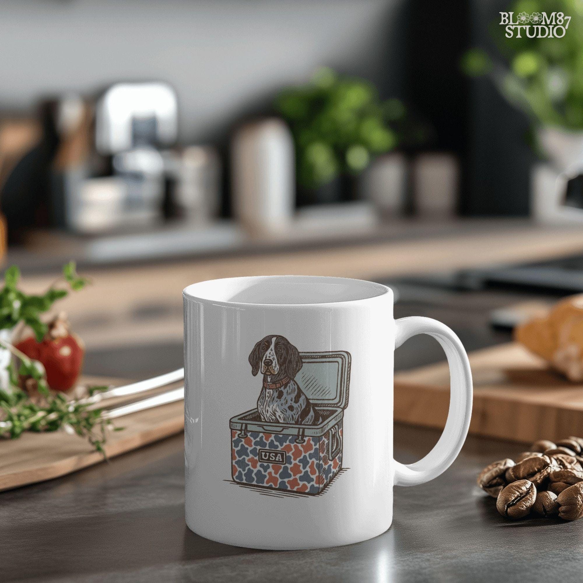 Blue Tick Coonhound dog sitting in a patriotic camo USA cooler, digital PNG artwork for sublimation and hunting-themed designs