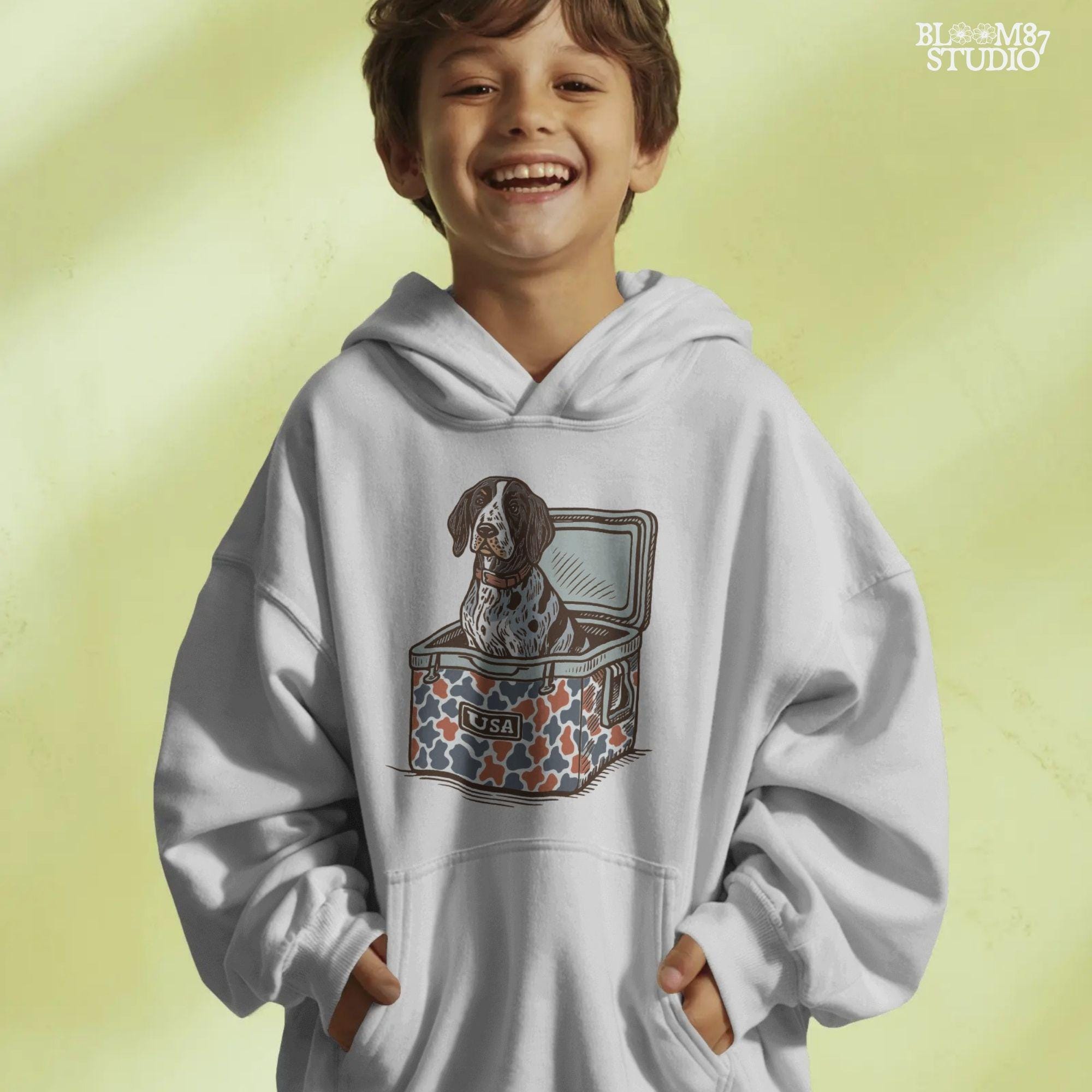 Blue Tick Coonhound dog sitting in a patriotic camo USA cooler, digital PNG artwork for sublimation and hunting-themed designs