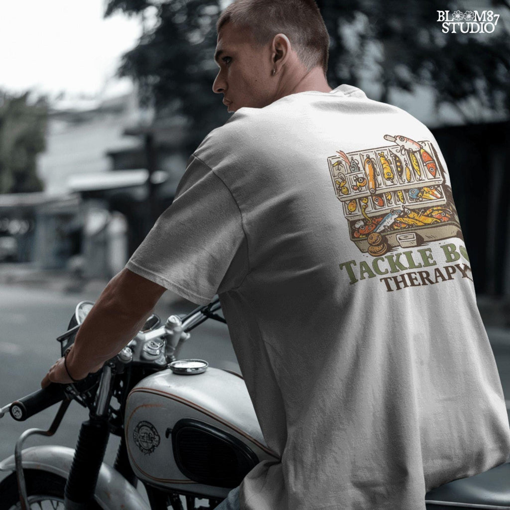 Fishing-themed sublimation PNG set with full tackle box back design and circular pocket patch graphic for shirt making or apparel