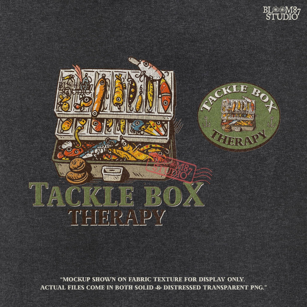 Fishing-themed sublimation PNG set with full tackle box back design and circular pocket patch graphic for shirt making or apparel