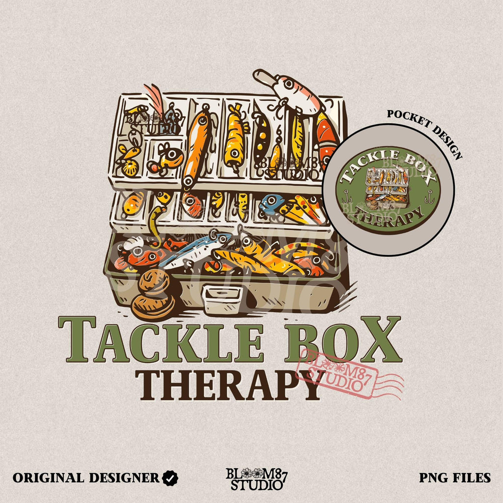 Fishing-themed sublimation PNG set with full tackle box back design and circular pocket patch graphic for shirt making or apparel