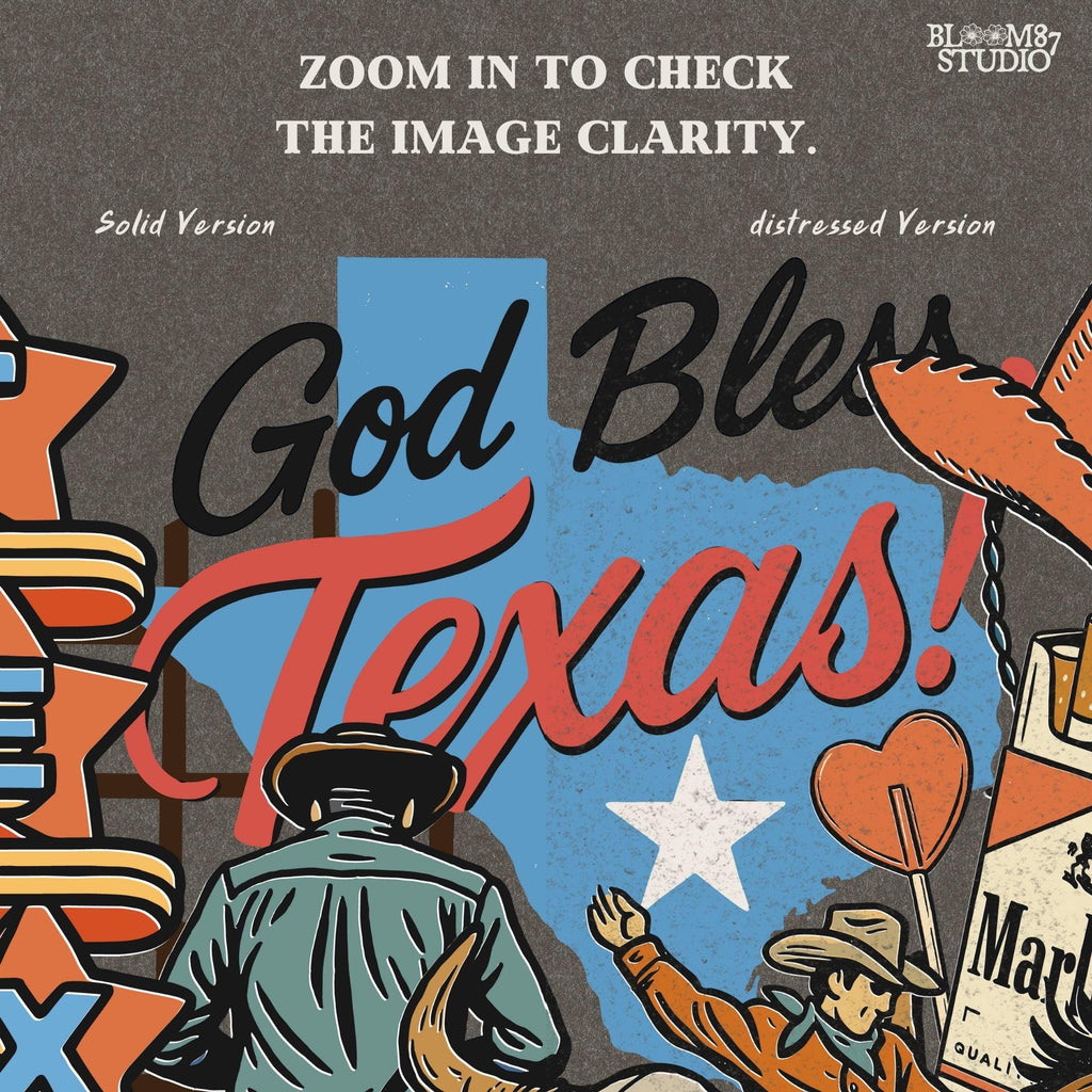 Retro Western collage illustration with cowboys, Texas map, neon sign, rodeo rider, bull skull, sheriff badge, cowboy hat, and “God Bless Texas” text
