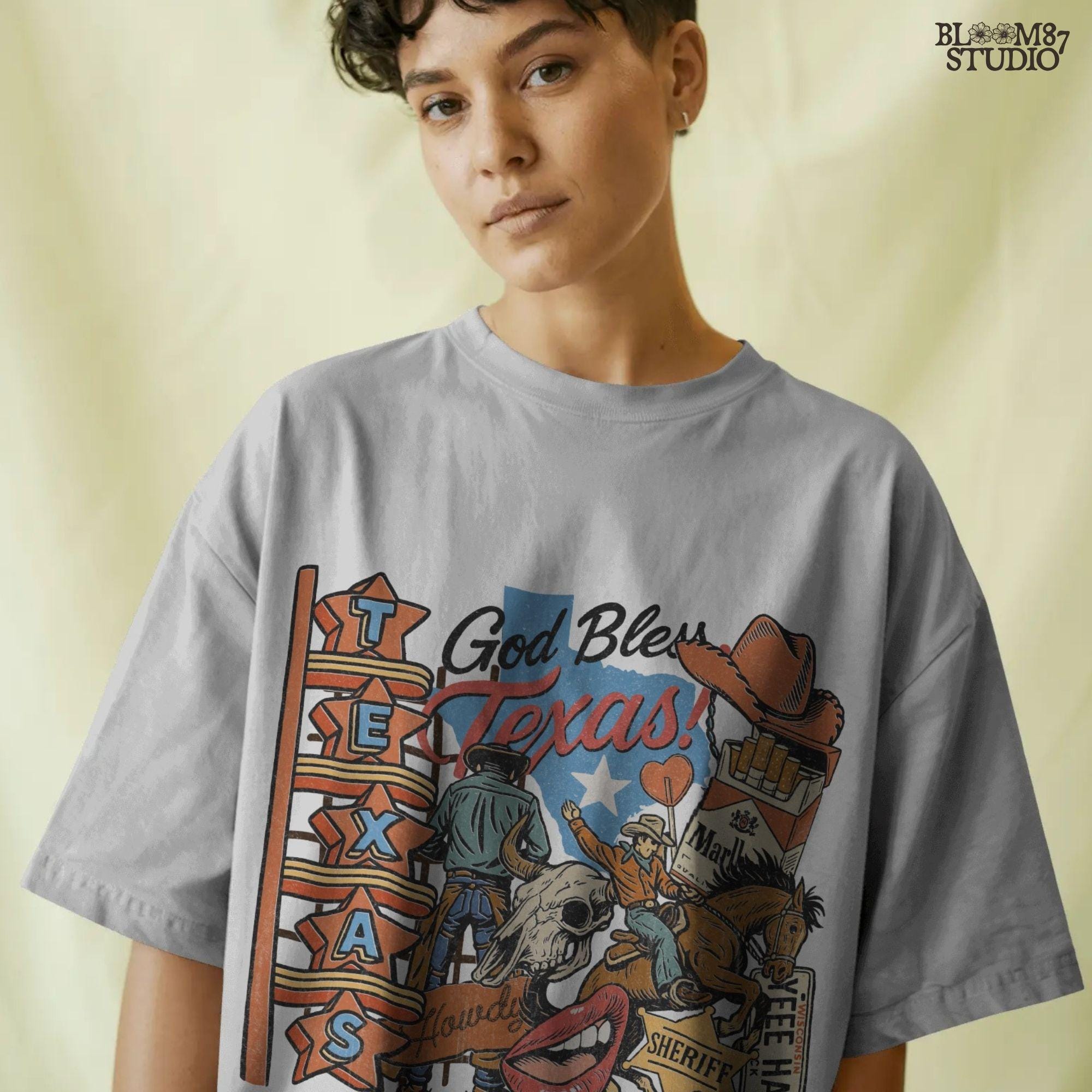 Retro Western collage illustration with cowboys, Texas map, neon sign, rodeo rider, bull skull, sheriff badge, cowboy hat, and “God Bless Texas” text