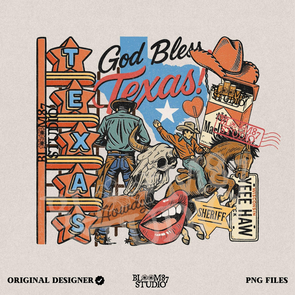 Retro Western collage illustration with cowboys, Texas map, neon sign, rodeo rider, bull skull, sheriff badge, cowboy hat, and “God Bless Texas” text