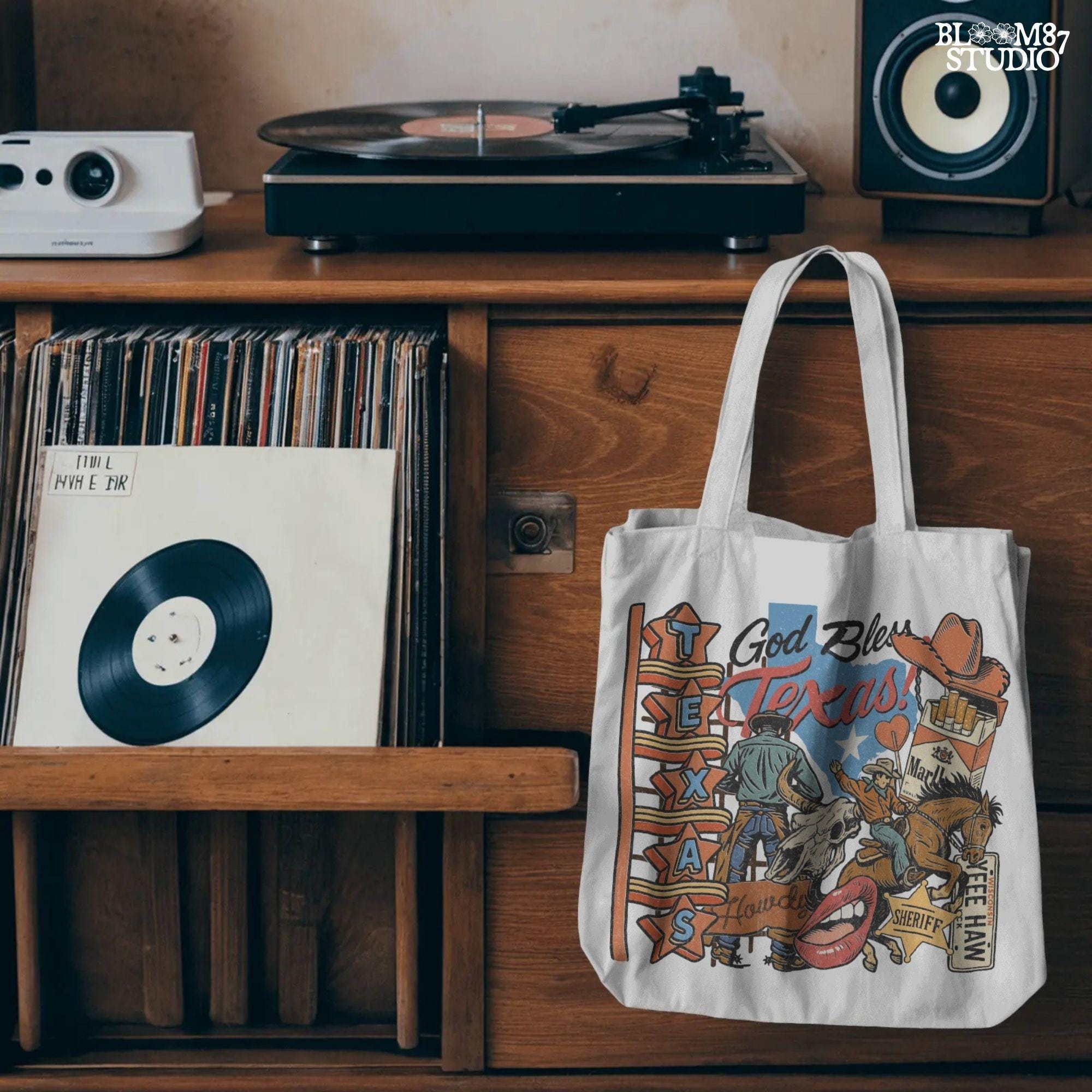 Retro Western collage illustration with cowboys, Texas map, neon sign, rodeo rider, bull skull, sheriff badge, cowboy hat, and “God Bless Texas” text