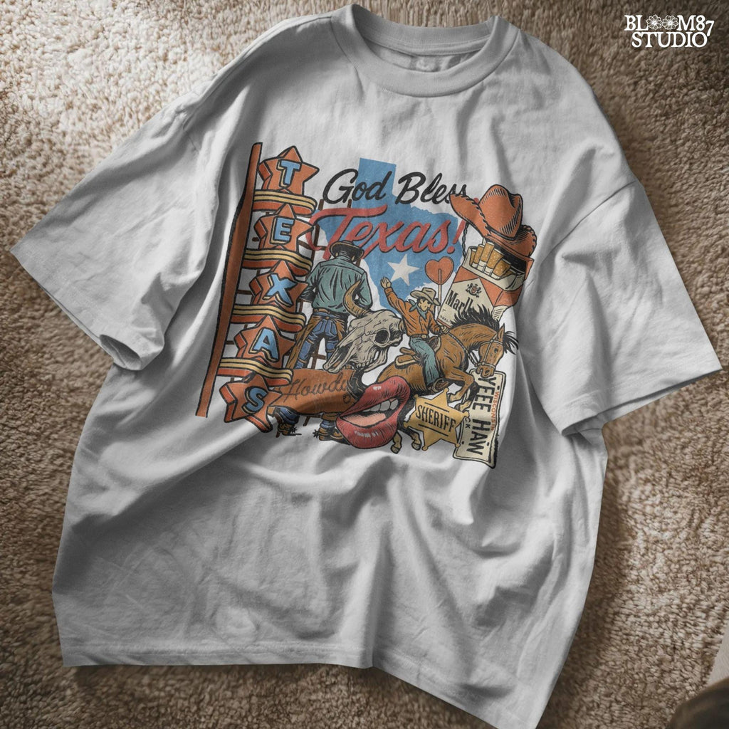 Retro Western collage illustration with cowboys, Texas map, neon sign, rodeo rider, bull skull, sheriff badge, cowboy hat, and “God Bless Texas” text