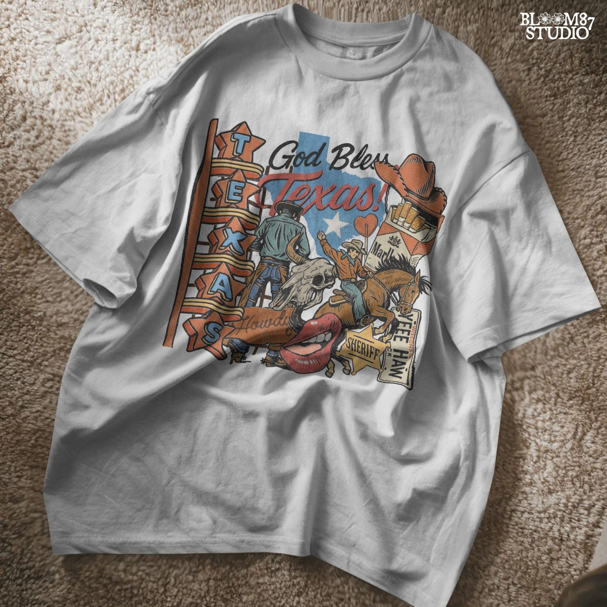 Retro Western collage illustration with cowboys, Texas map, neon sign, rodeo rider, bull skull, sheriff badge, cowboy hat, and “God Bless Texas” text