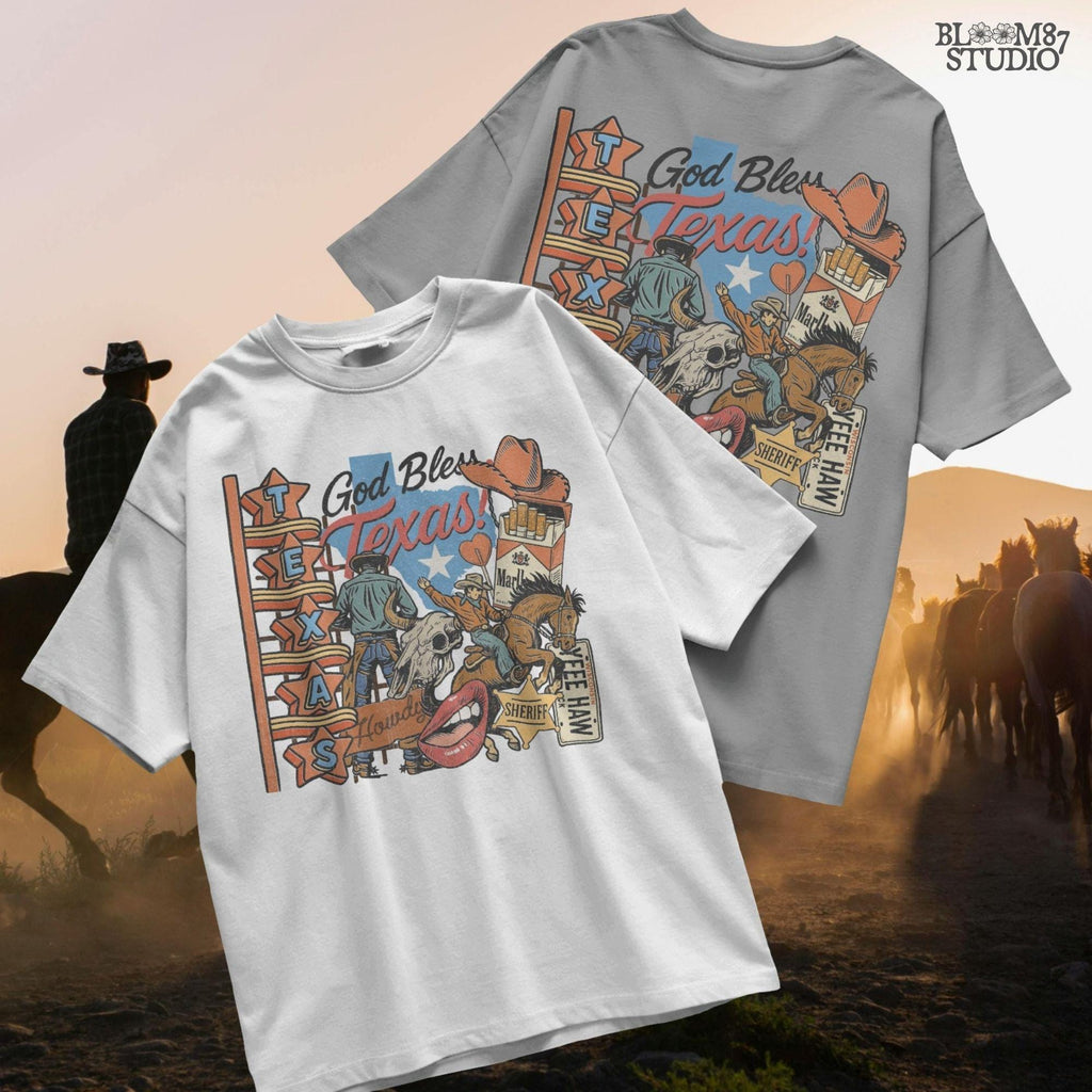 Retro Western collage illustration with cowboys, Texas map, neon sign, rodeo rider, bull skull, sheriff badge, cowboy hat, and “God Bless Texas” text