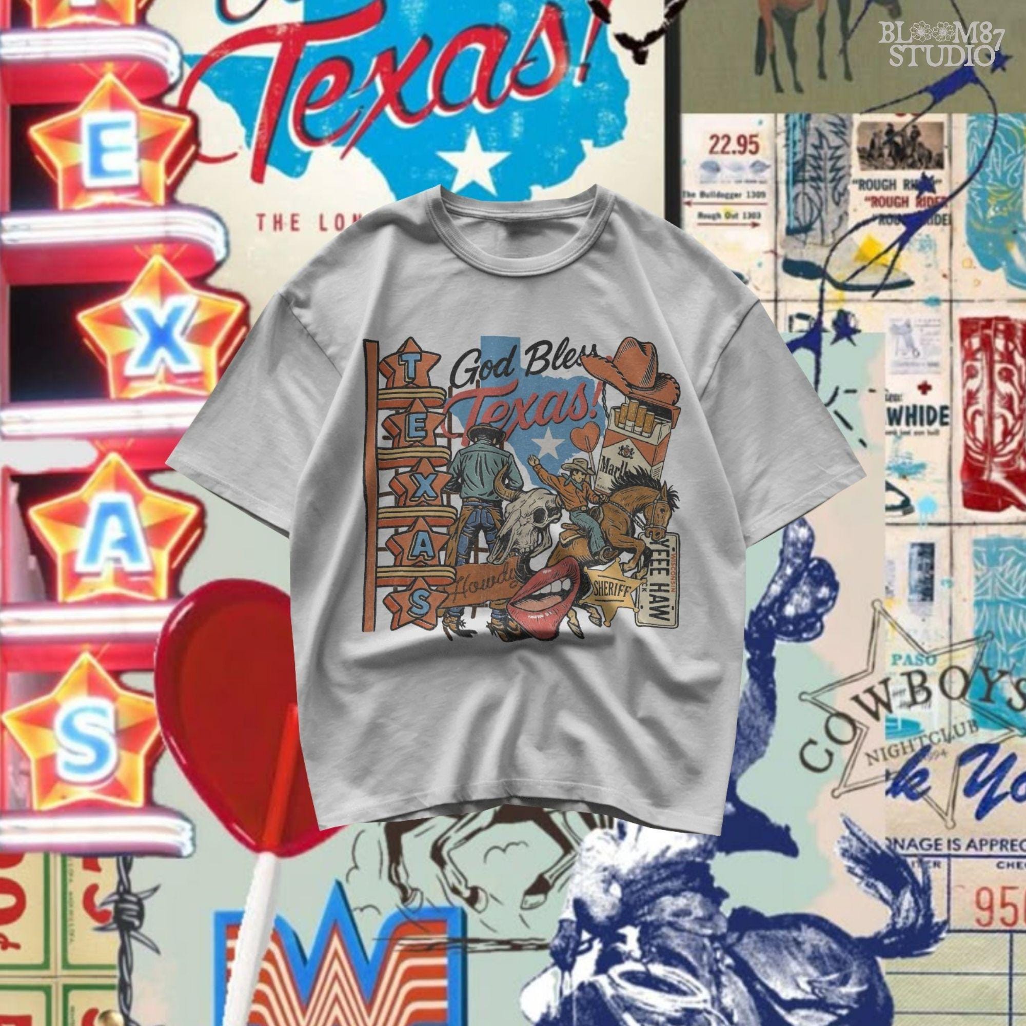 Retro Western collage illustration with cowboys, Texas map, neon sign, rodeo rider, bull skull, sheriff badge, cowboy hat, and “God Bless Texas” text