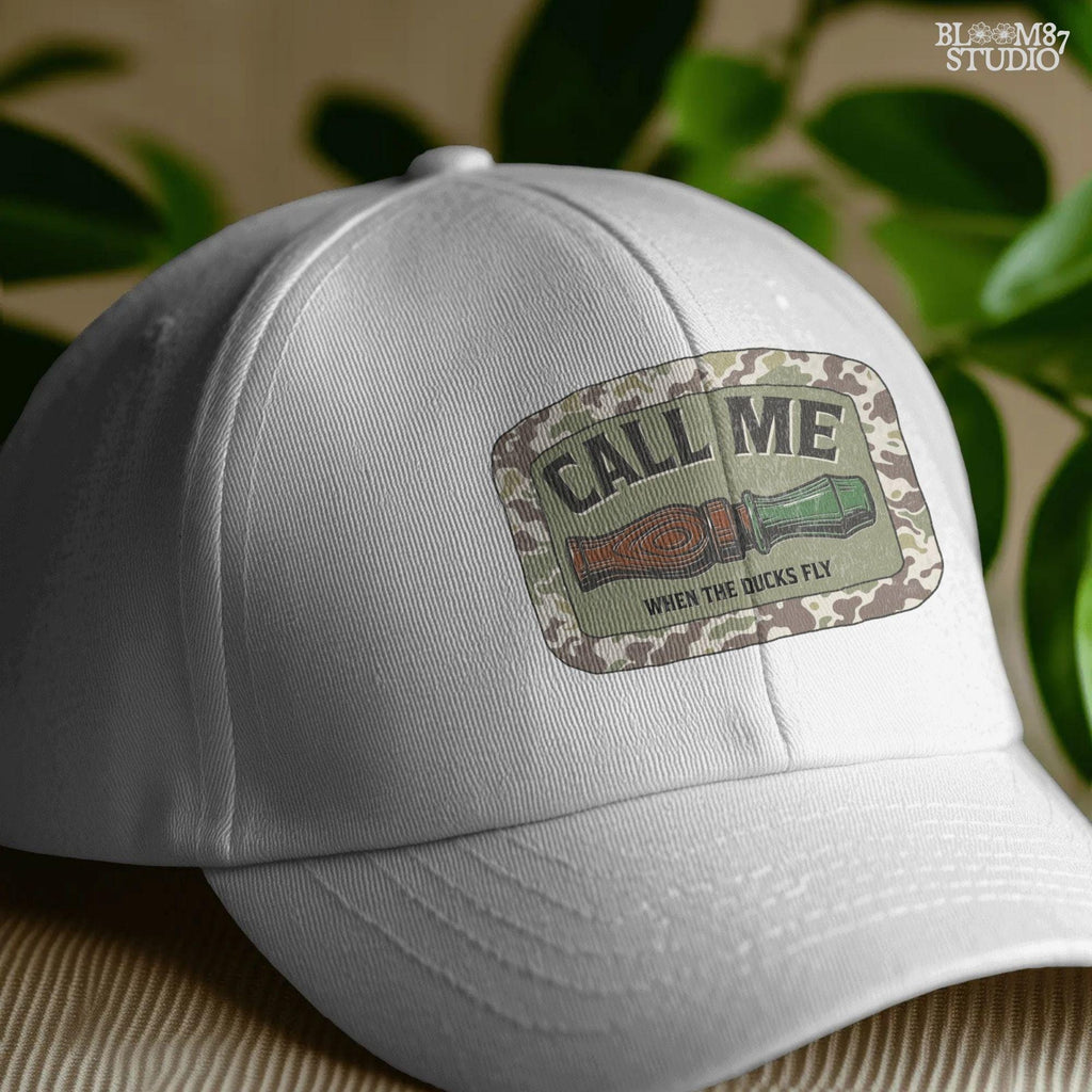 Sublimation PNG design featuring a duck call with camo border and the phrase “Call Me When The Ducks Fly” for hunting or outdoors shirts